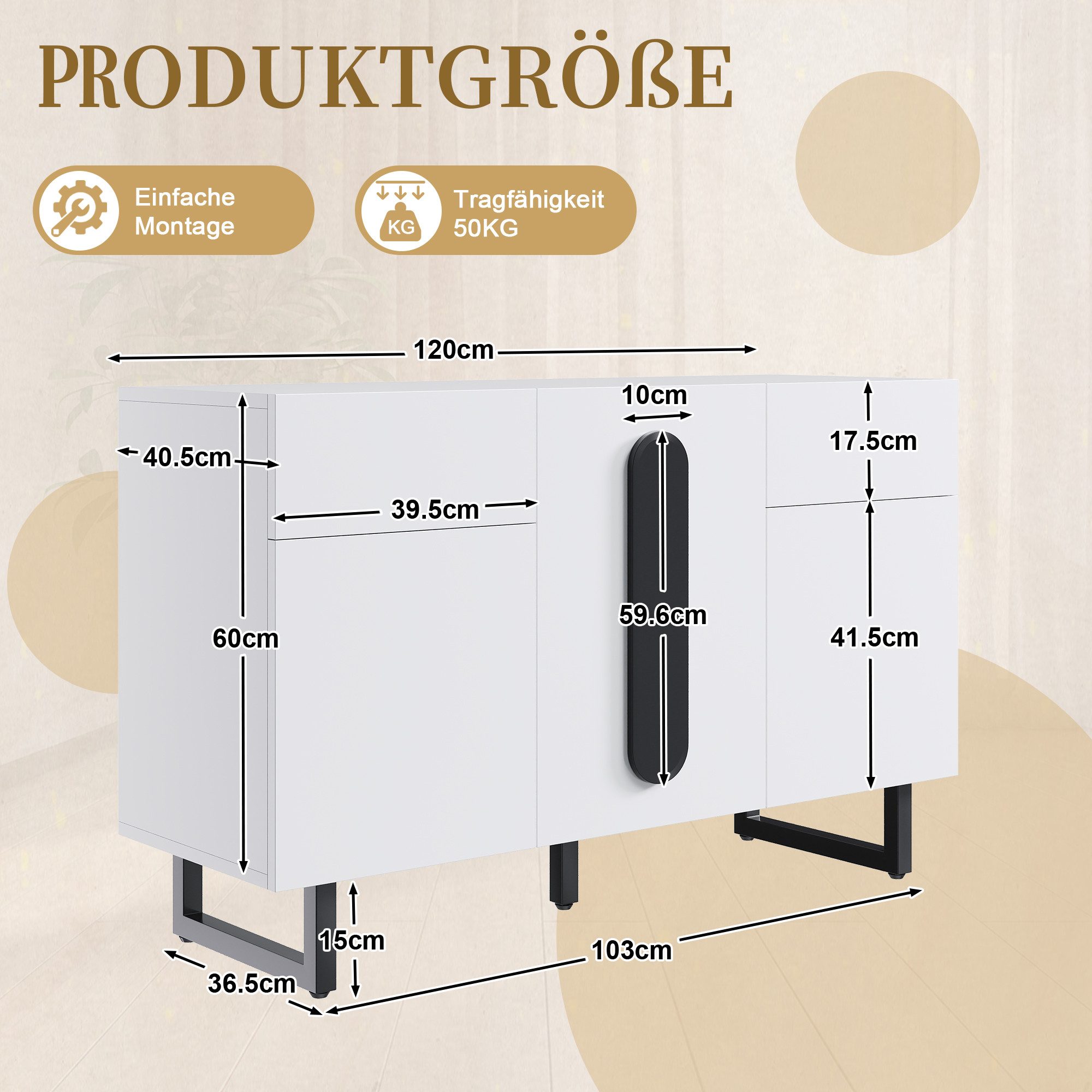 LVHOM Sideboard 120 cm, Kommode, schlichtes Design in Schwarz und Weiß, Metallbeine (zwei Schubladen und mehrere Fächer, Einlegeböden verstellbar, flexible Organisation und praktisch, LED-Beleuchtung, bis 50kg, rutschfeste Schrankfüße), geeignet für Esszimmer, Wohnzimmer, Küche, Homeoffice