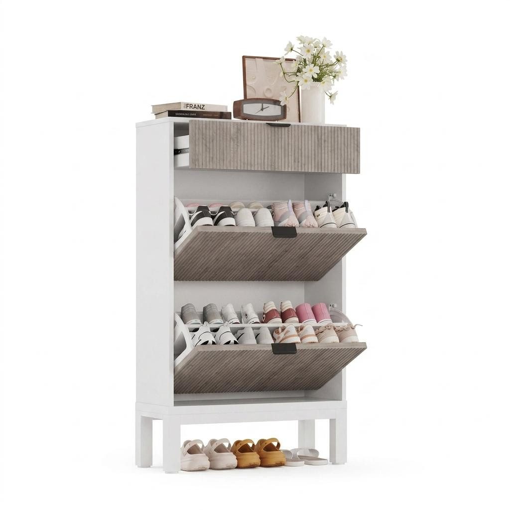 GarveeMore Schuhschrank Schuhschrank freistehend mit 2 Klappfächern, 1 Schublade (Platzsparender Schuhschrank für schmale Flure, Stabil mit Kippsicherung für Familien) Flexibler Stauraum für 8–12 Paar Schuhe