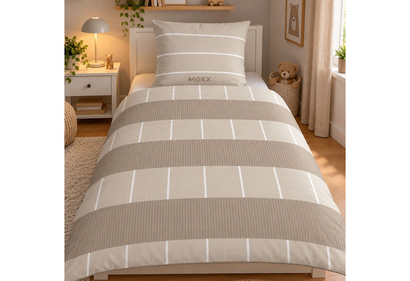 Mexx Bettwäsche Beige Gestreift 135x200 80x80cm 100% Baumwolle Reißverschluss, Renforcé, 2 teilig, für Kinder und Erwachsene im …