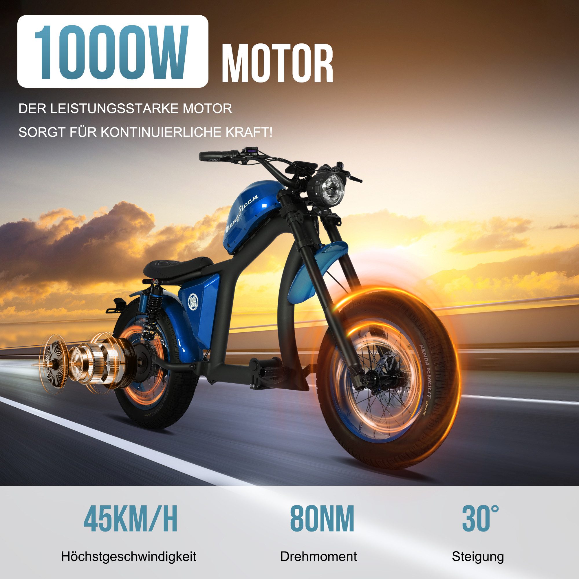 Vankel E-Scooter FT02-EEC 48V 1000W Motor 30AH 45km/h Up to 75km, 45 km/h, 75 km range, disc brakes, front and rear shock absorbers