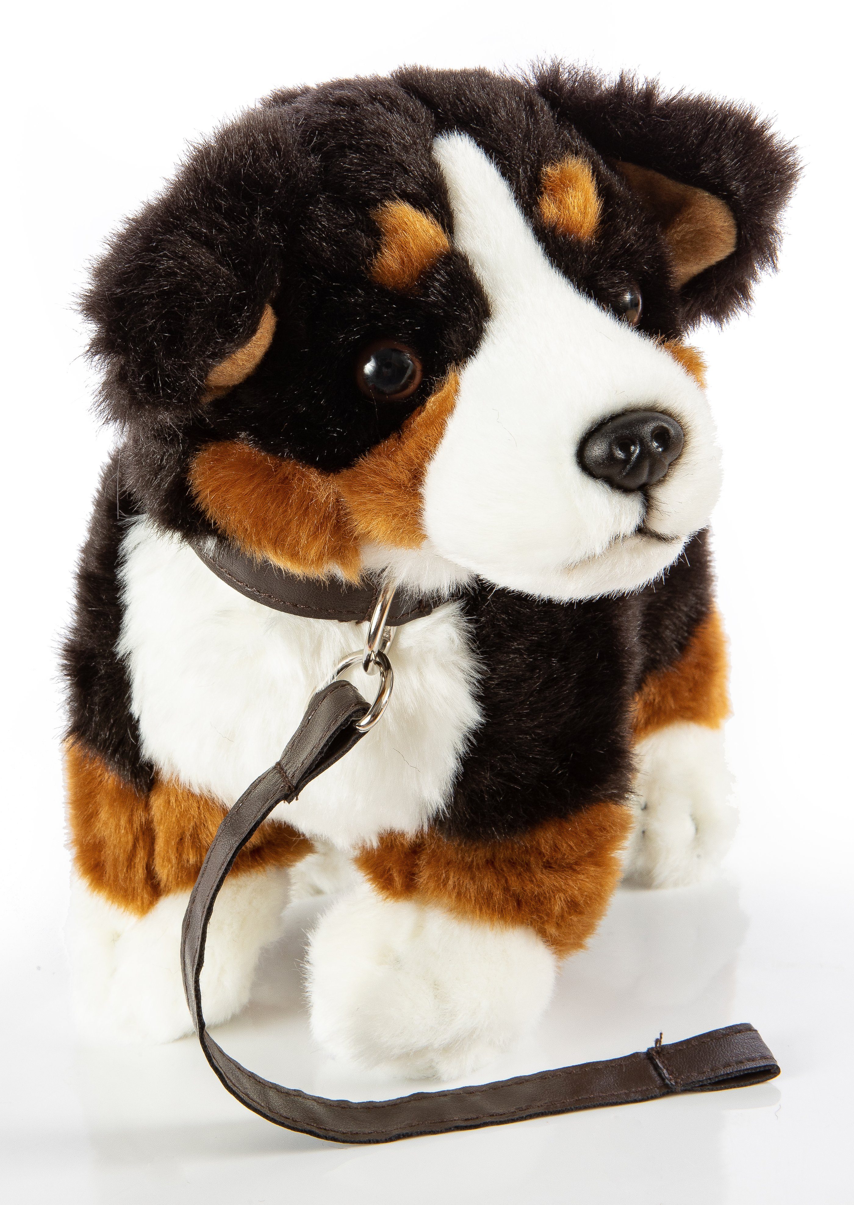 Uni-Toys Kuscheltier Berner Sennenhund, stehend, m. Leine, 27 cm - Plüsch-Hund - Plüschtier, zu 100 % recyceltes Füllmaterial