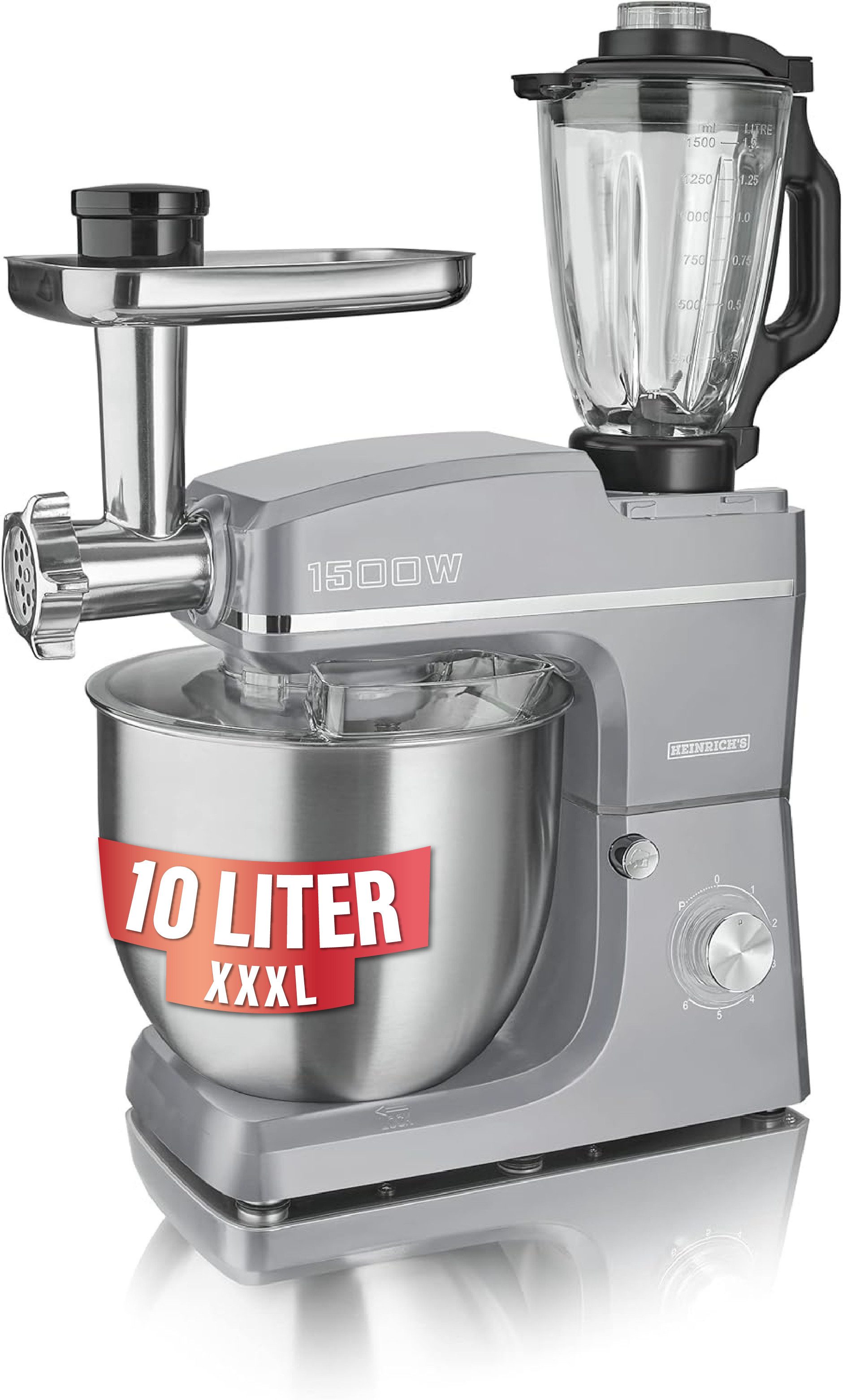 Heinrich´s Küchenmaschine, 1500 W, 10,00 l Schüssel, 6 Geschwindigkeiten, Multifunktional, XXXL