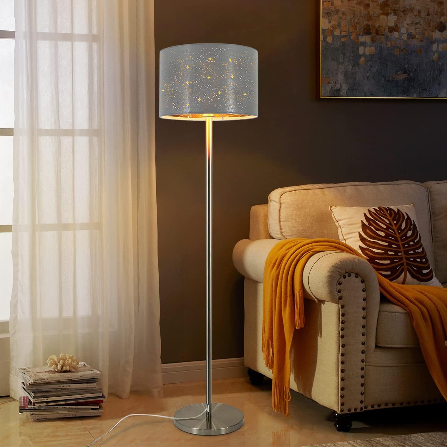ZMH Stehlampe Schwarz-Gold Stoffschirm mit Sternenmuster, E27, 144 cm, Fußschalter, ohne Leuchtmittel