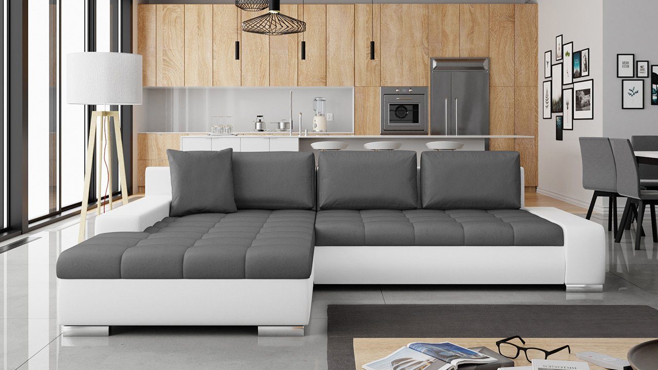 MIRJAN24 Ecksofa Orkan, mit Bettkasten und Schlaffunktion, Kissen mit Reisverschluss, Seite universal