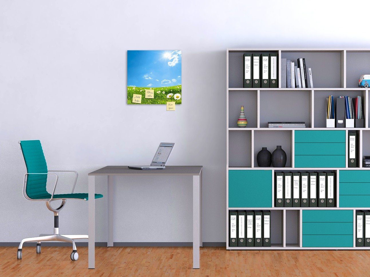 Wallario Memoboard Sommerwiese - Weiße Gänseblümchen vor blauem Himmel