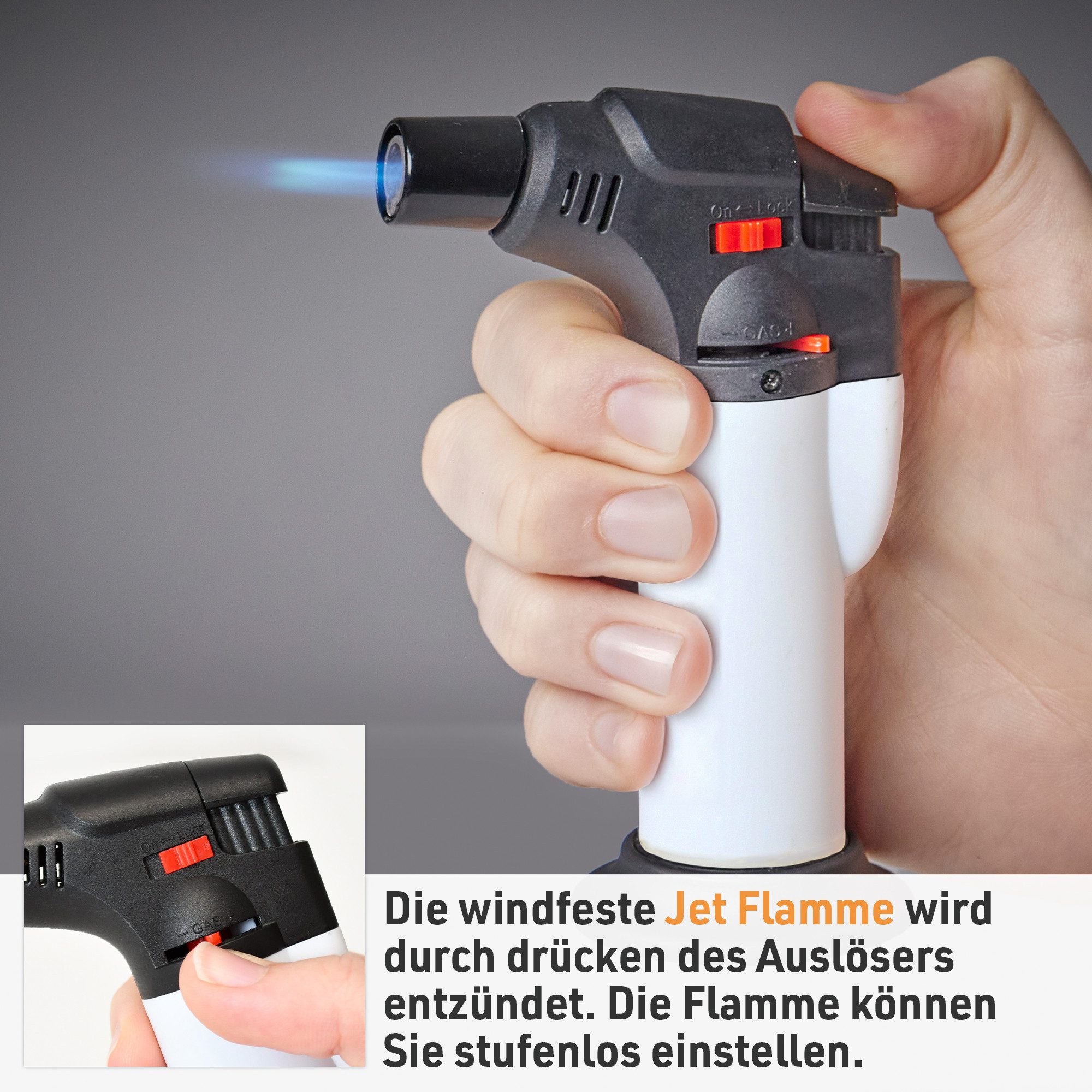 TOM Flambierbrenner Gasbrenner mit 100ml Nachfüllflasche, (2-tlg), Piezo-Zündung, 1300°C, Butan/Propan Gas – Bild 4 von 5