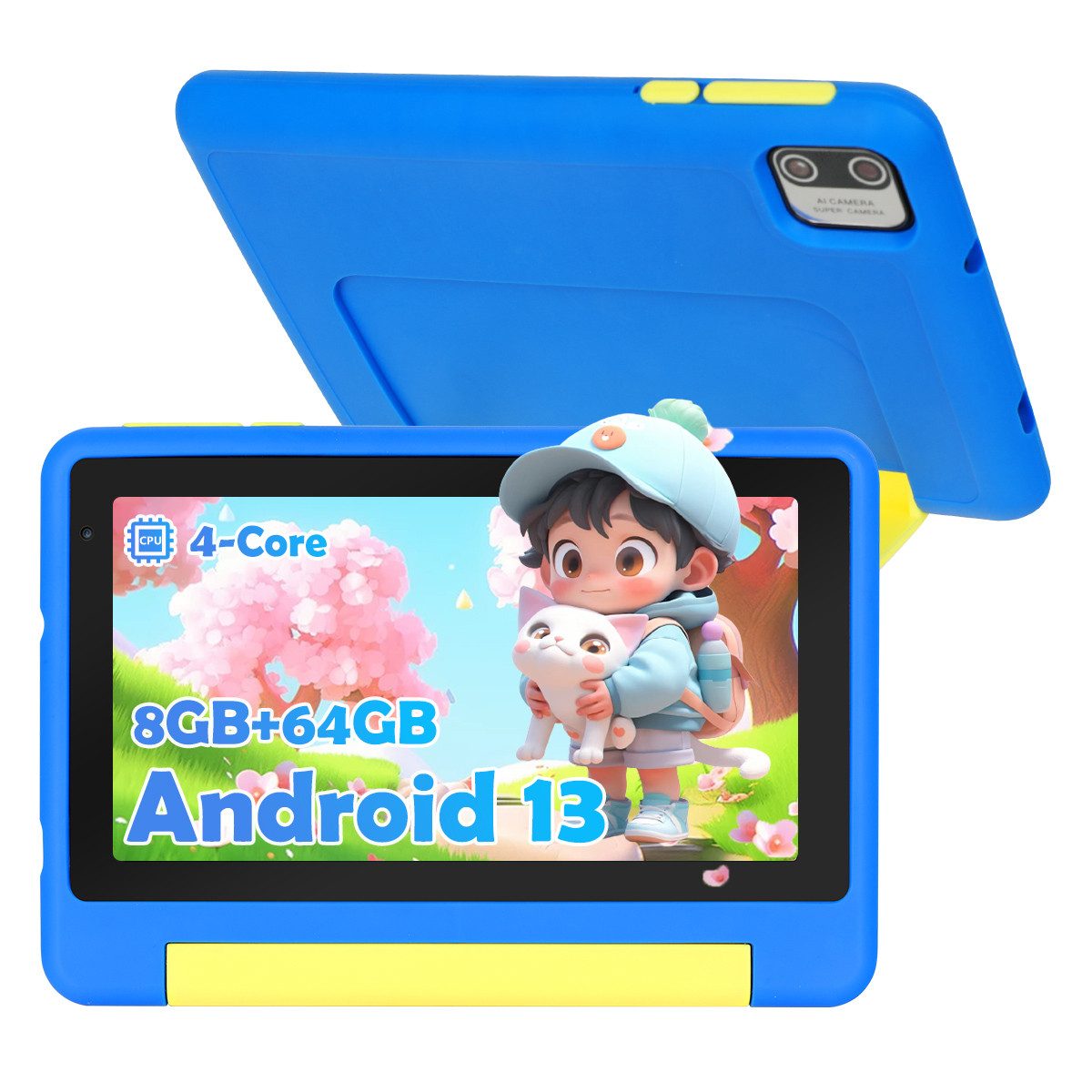 BUFO 7 Zoll Kindersicherung 64GB ROM+128GB Erweiterbar Android 13 HD Kinder Tablet (7", 64 GB, Android 13, WiFi, Robustes Tablet für Kinder mit Schutzhülle & Elternkontrolle)