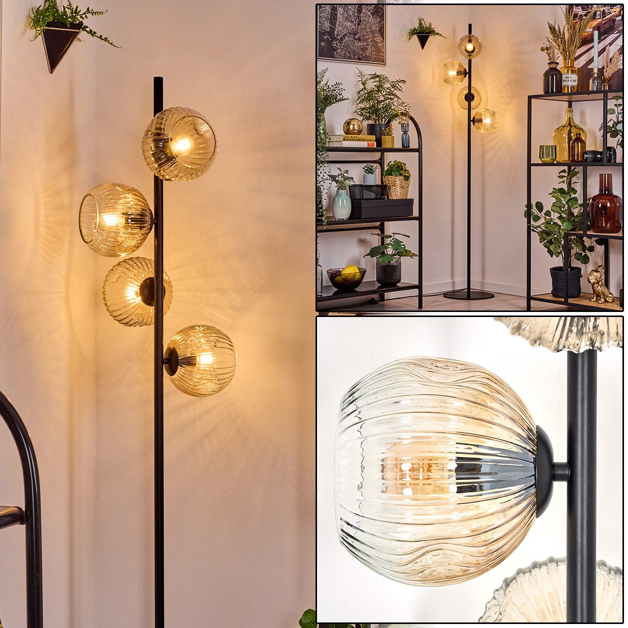 hofstein Stehlampe Stehlampe aus Metall/Riffelglas in Schwarz/Bernsteinfarb günstig online kaufen