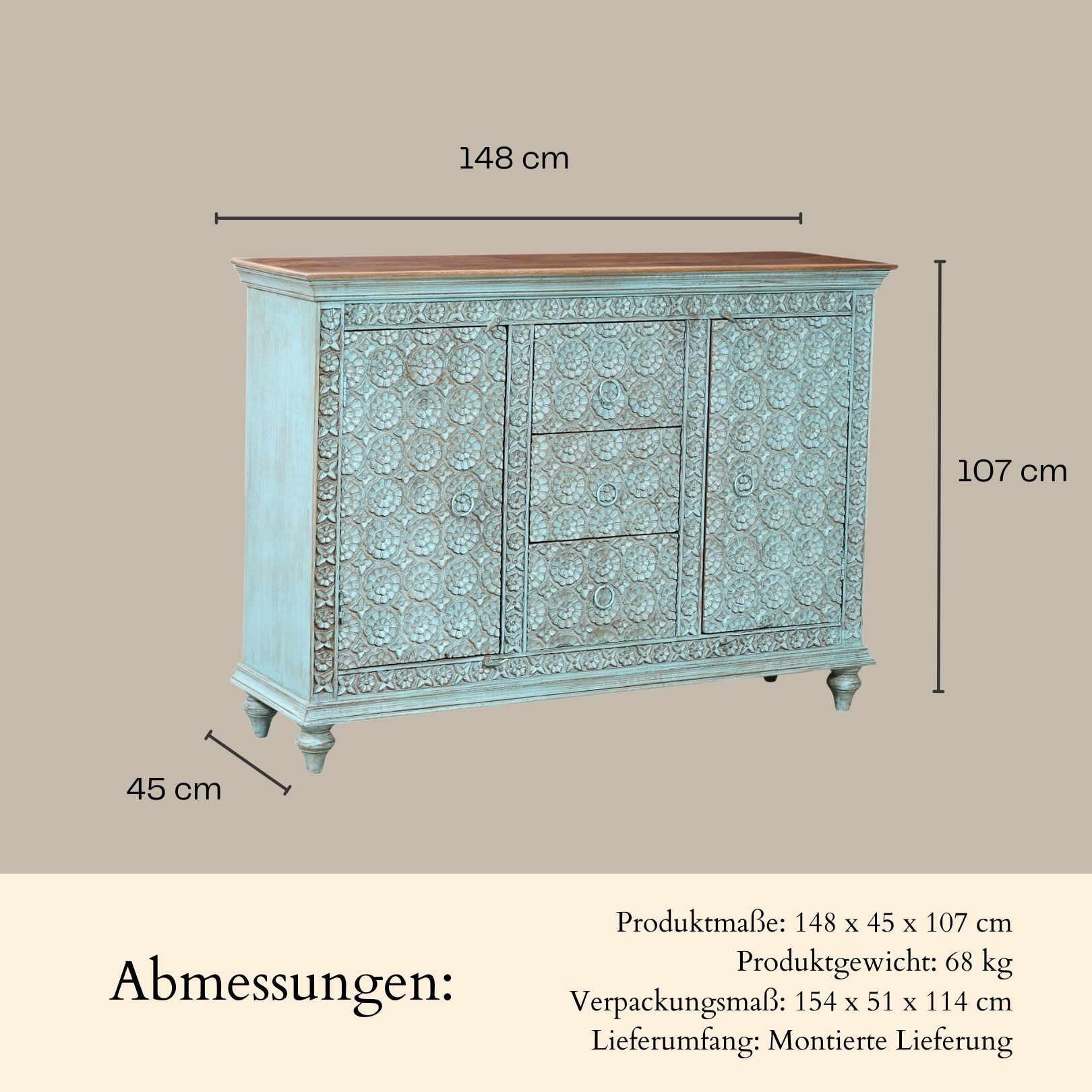 Marrakesch Orient & Mediterran Interior Sideboard Vintage Sideboard Kabira modern aus Mangoholz in Braun-Blau 107 cm (1 St), Handarbeit