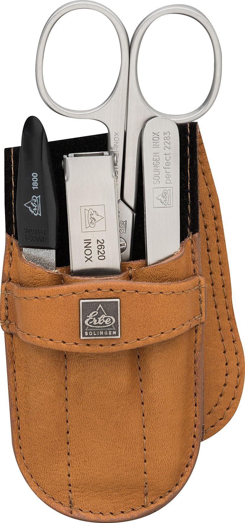 Solinger 4 tlg., ERBE Maniküre-Etui echtem bestückt mit Premium Taschenetui aus mit Steckverschluss Leder, Edelstahl in Stahlwaren