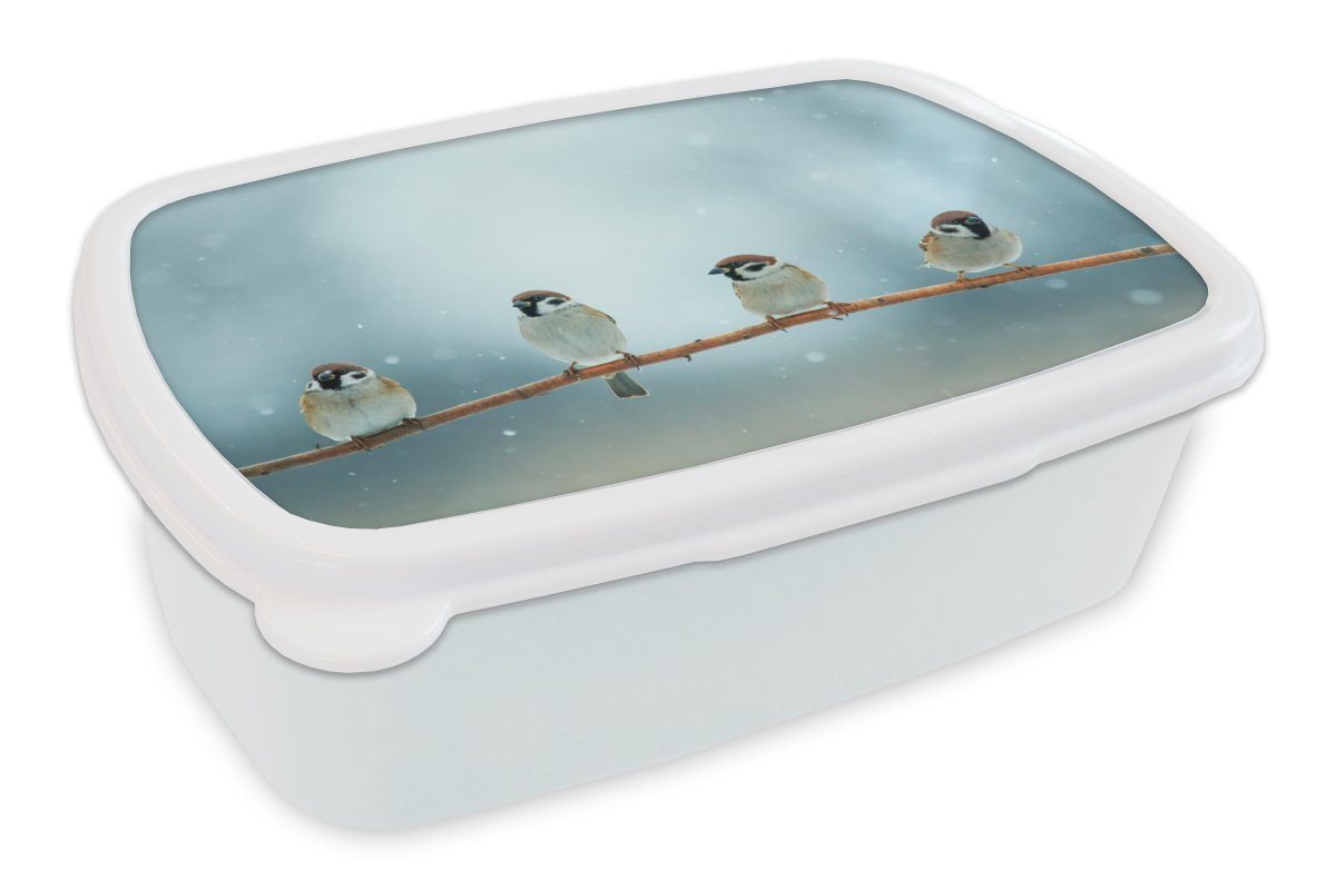 MuchoWow Lunchbox Vögel - Spatz - Schnee - Winter, Kunststoff, (2-tlg), Brotbox für Kinder und Erwachsene, Brotdose, für Jungs und Mädchen weiß