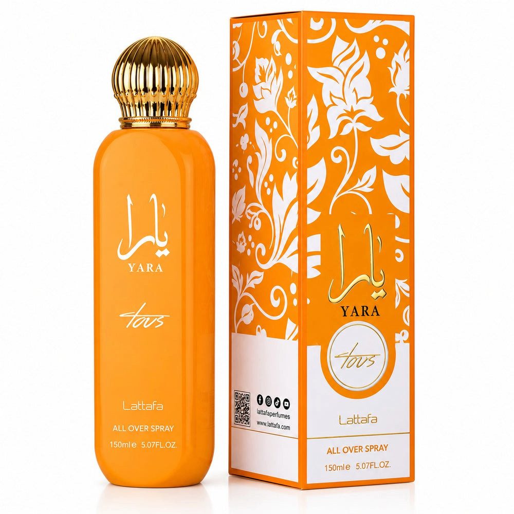 Lattafa Duft-Set Yara Tous All Over Spray Body Spray + Parfümzerstäuber leer