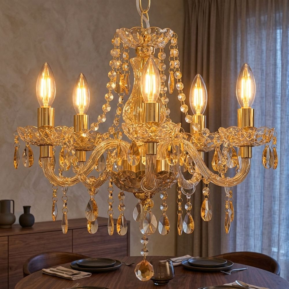 GLOBO LIGHTING Kronleuchter, Leuchtmittel inklusive, Warmweiß, Kronleuchter Pendellampe LED Hängeleuchte 5 Flammig Kristalle H 150 cm
