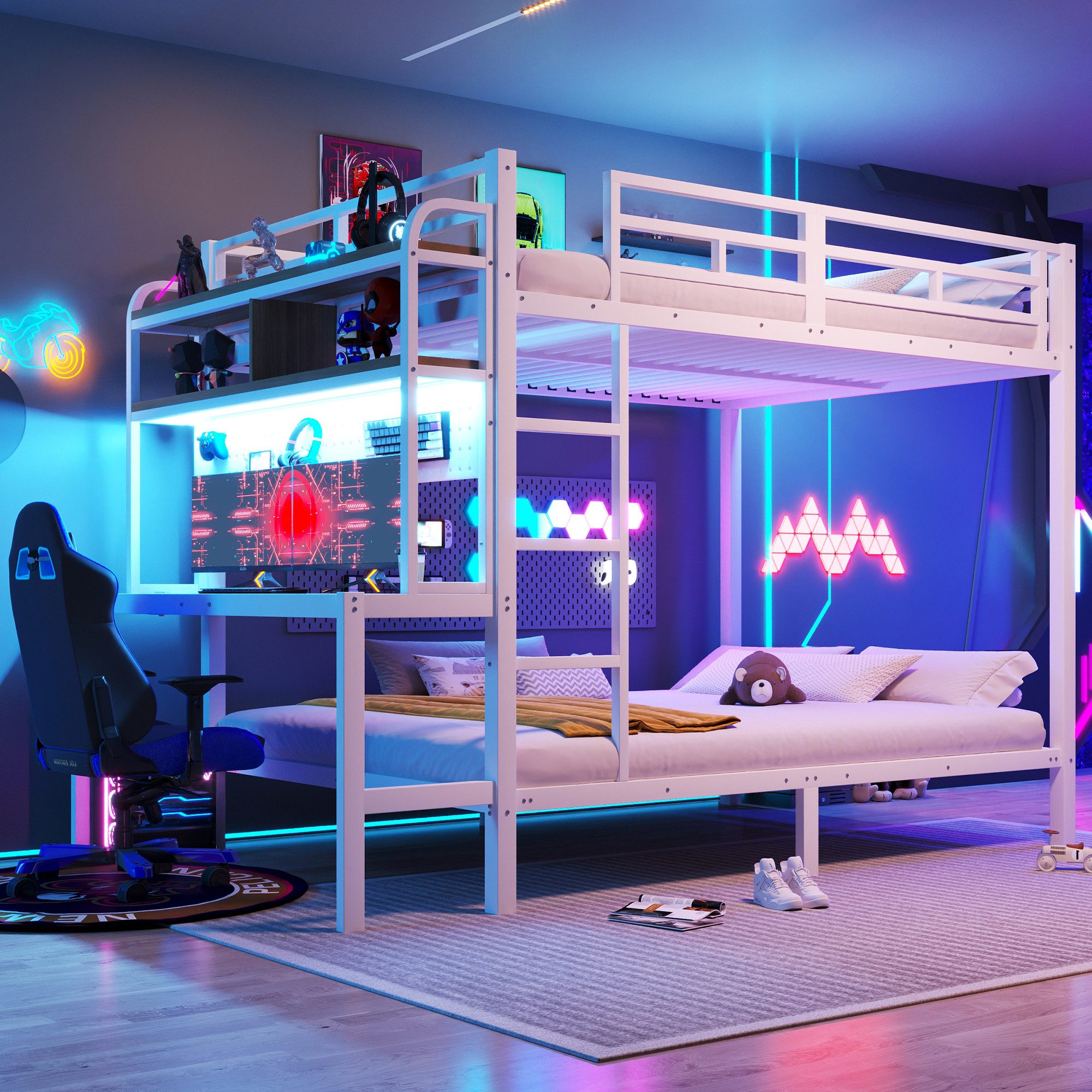 Flieks Etagenbett, Kinderbett Metallbett 140x200cm mit Stauraumregal Schreibtisch LED&USB