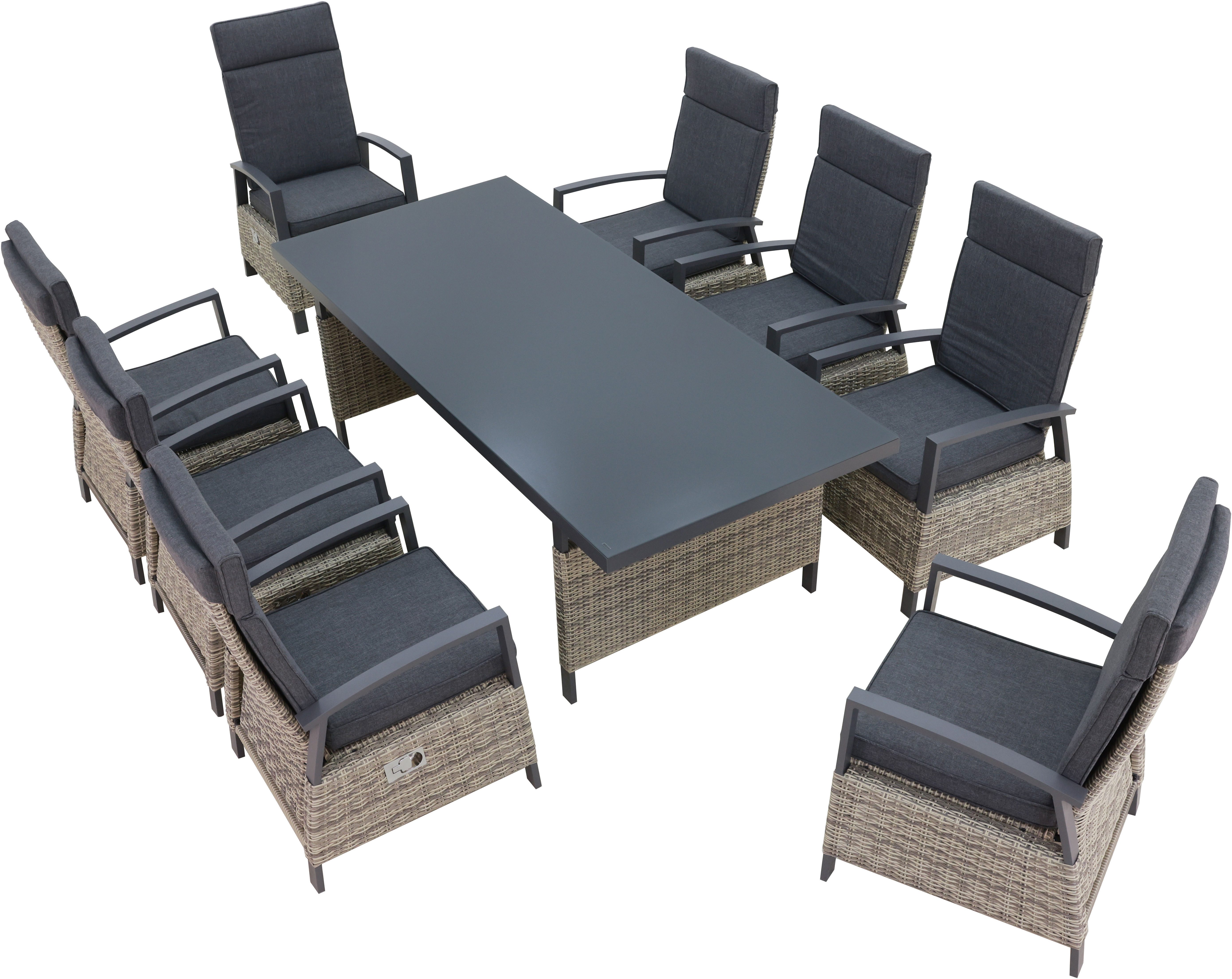 KONIFERA Garten-Essgruppe New Monaco, (Set, 17-tlg., 8x Sessel, 8x Auflagen, 1x Tisch), bestehend aus 8 Stühlen, 8 Sitzauflagen und 1 Tisch. Reduzierter Preis € 1.799,99. Unverbindliche Preisempfehlung € 3.899,00