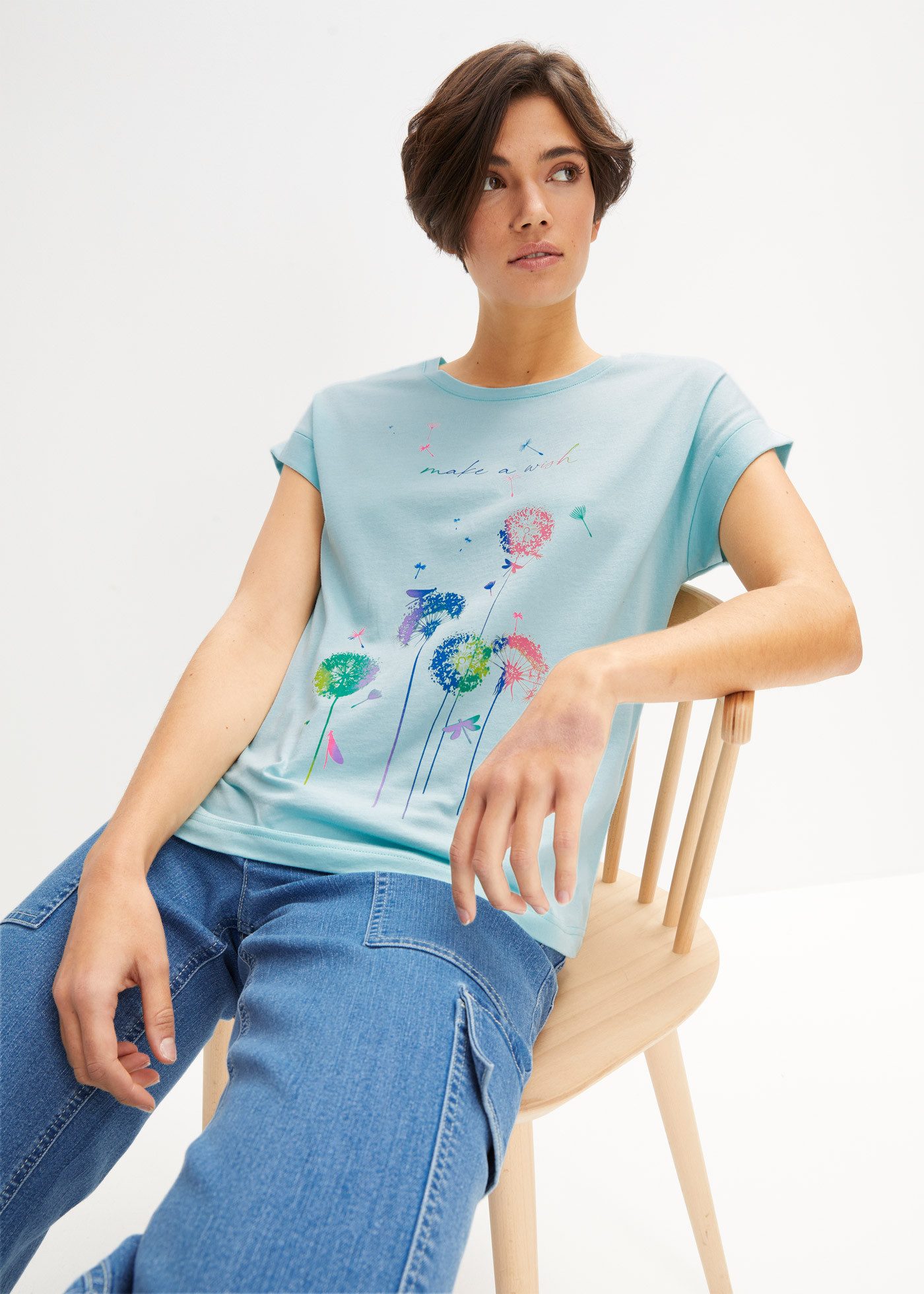 bonprix T-Shirt bequeme Passform, Kurzarm-Design, aus Baumwolle günstig online kaufen