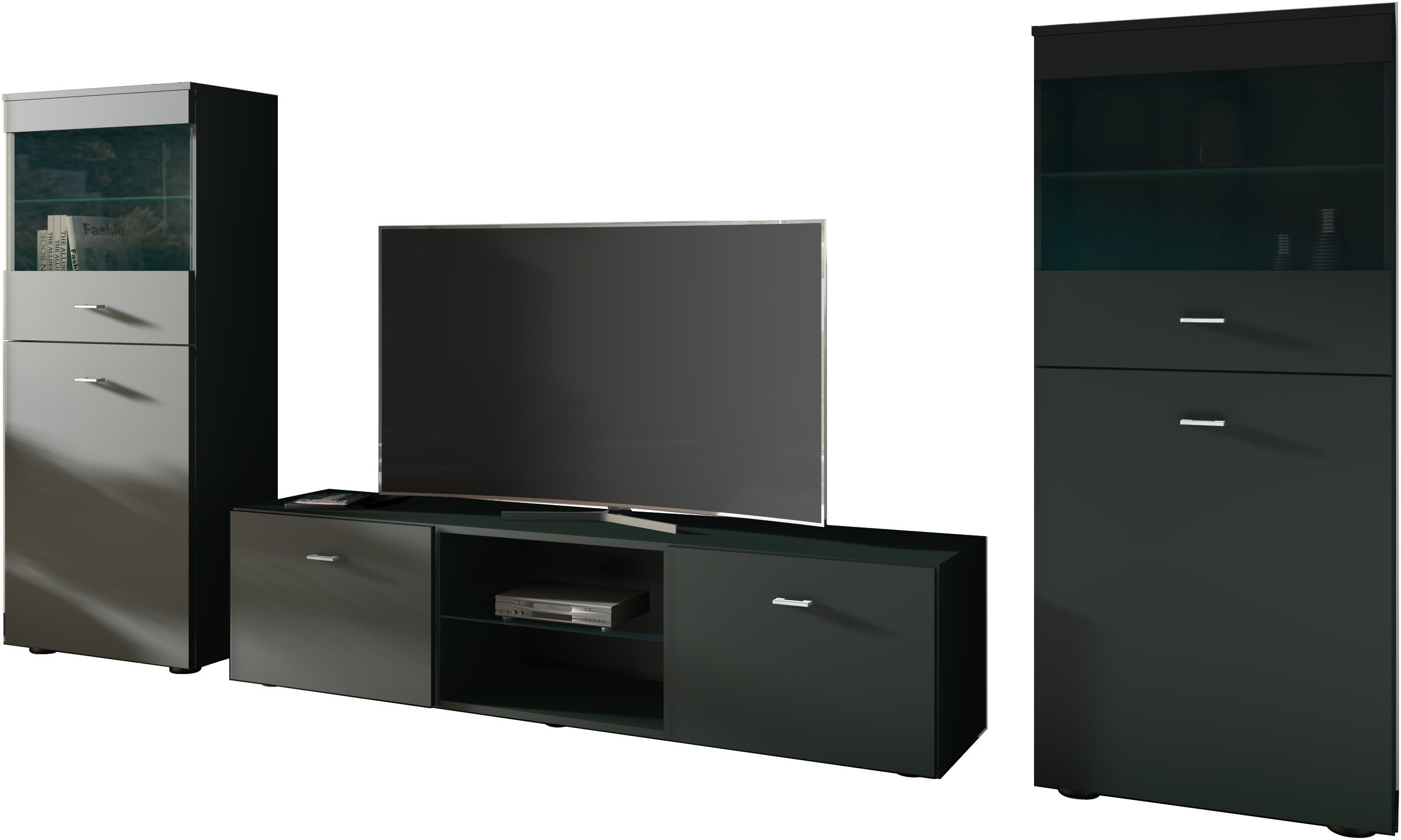 borchardt Möbel Wohnwand Scala, Mediawand 3-teilig mit 2 Vitrinen und Lowboard, Mit Griffen oder Push-to-open-Systemen, Fronten matt oder glänzend