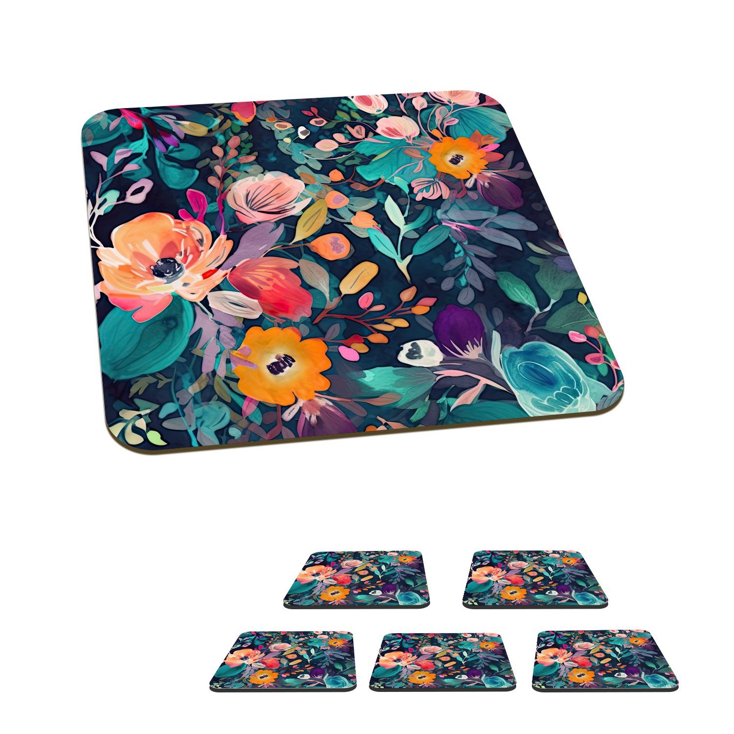 MuchoWow Glasuntersetzer Bunt - Blumen - Kunst - Natur - Hippie, Zubehör für Gläser, 6-tlg., Glasuntersetzer, Tischuntersetzer, Korkuntersetzer, Untersetzer, Tasse