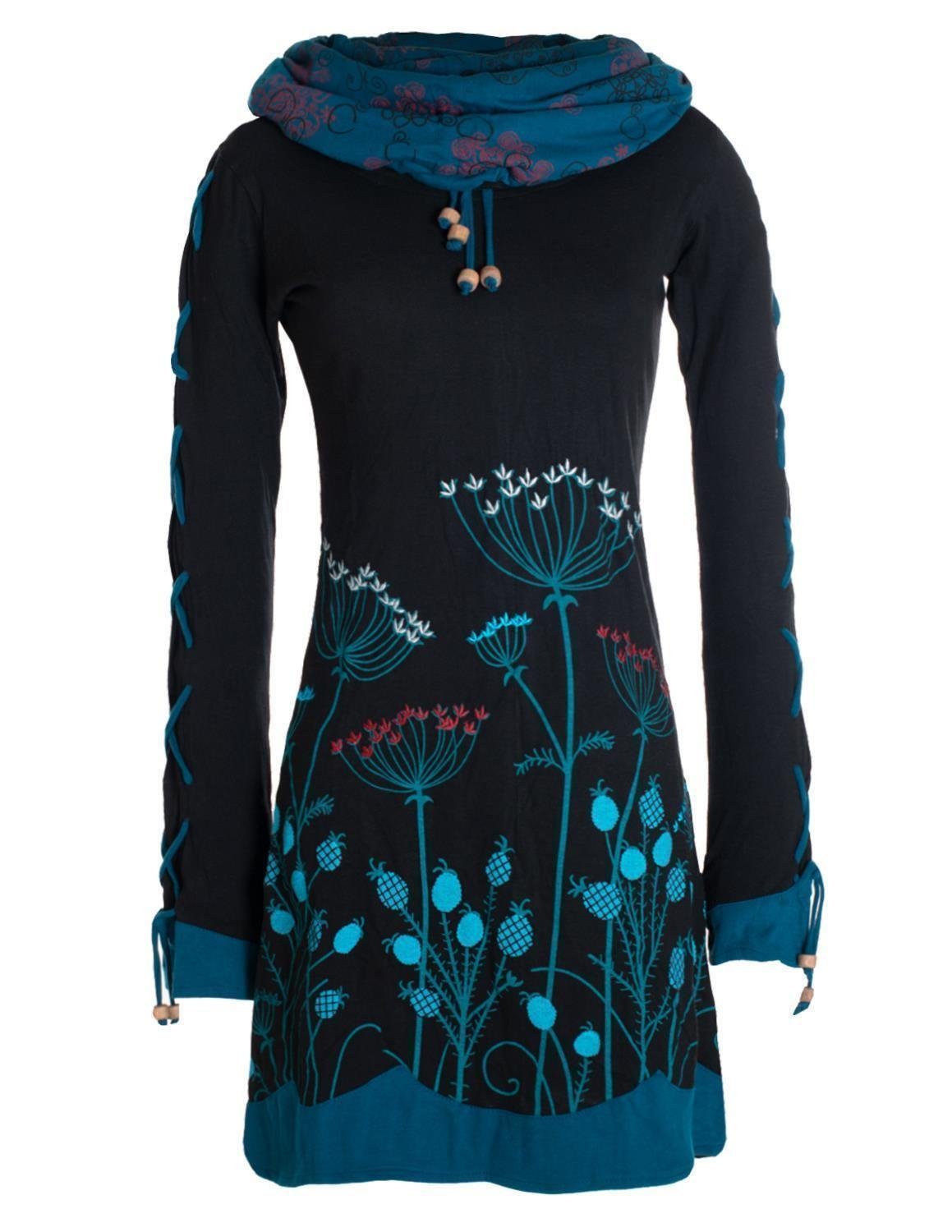 Vishes Jerseykleid Blumenkleid Langarm-Shirtkleid mit Schalkragen Hippie, Boho, Elfen Style schwarz
