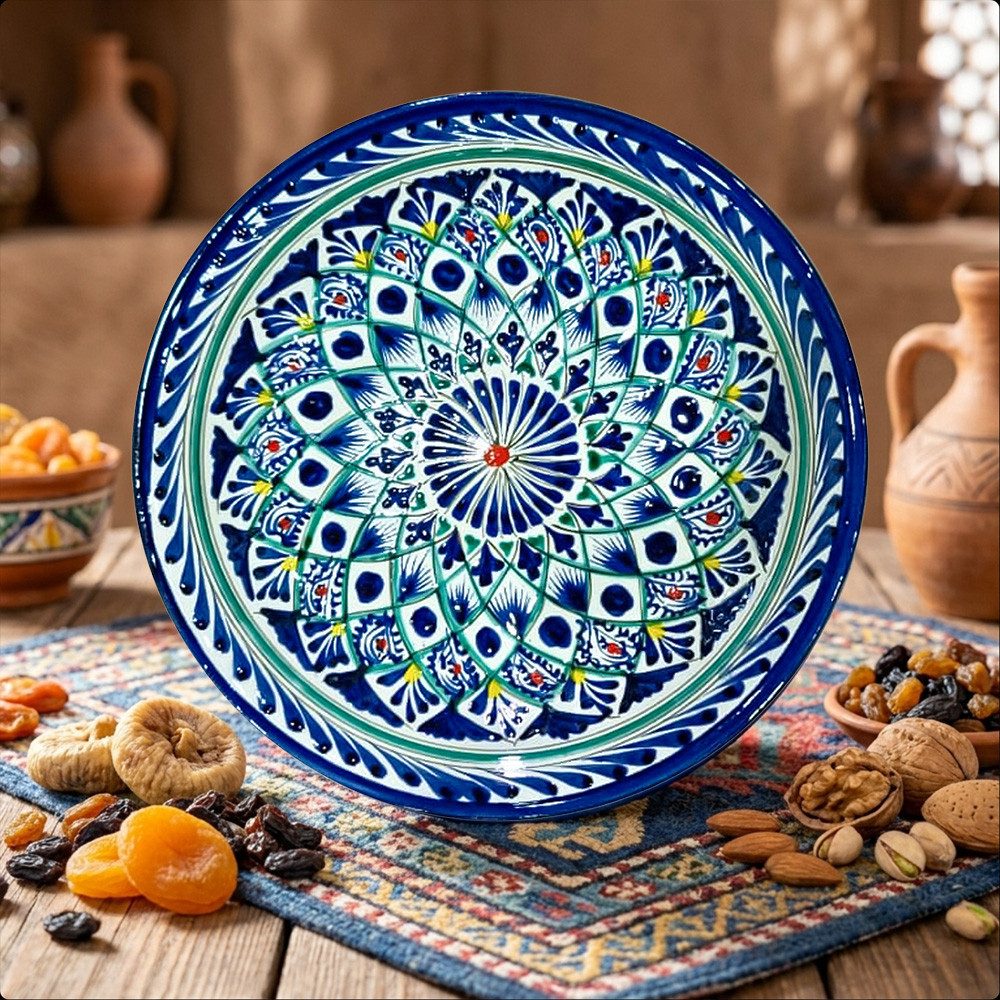 Teller tief Ø 19 cm für Suppe Keramik dunkelblau handbemalt Usbekistan R1, Handbemalt