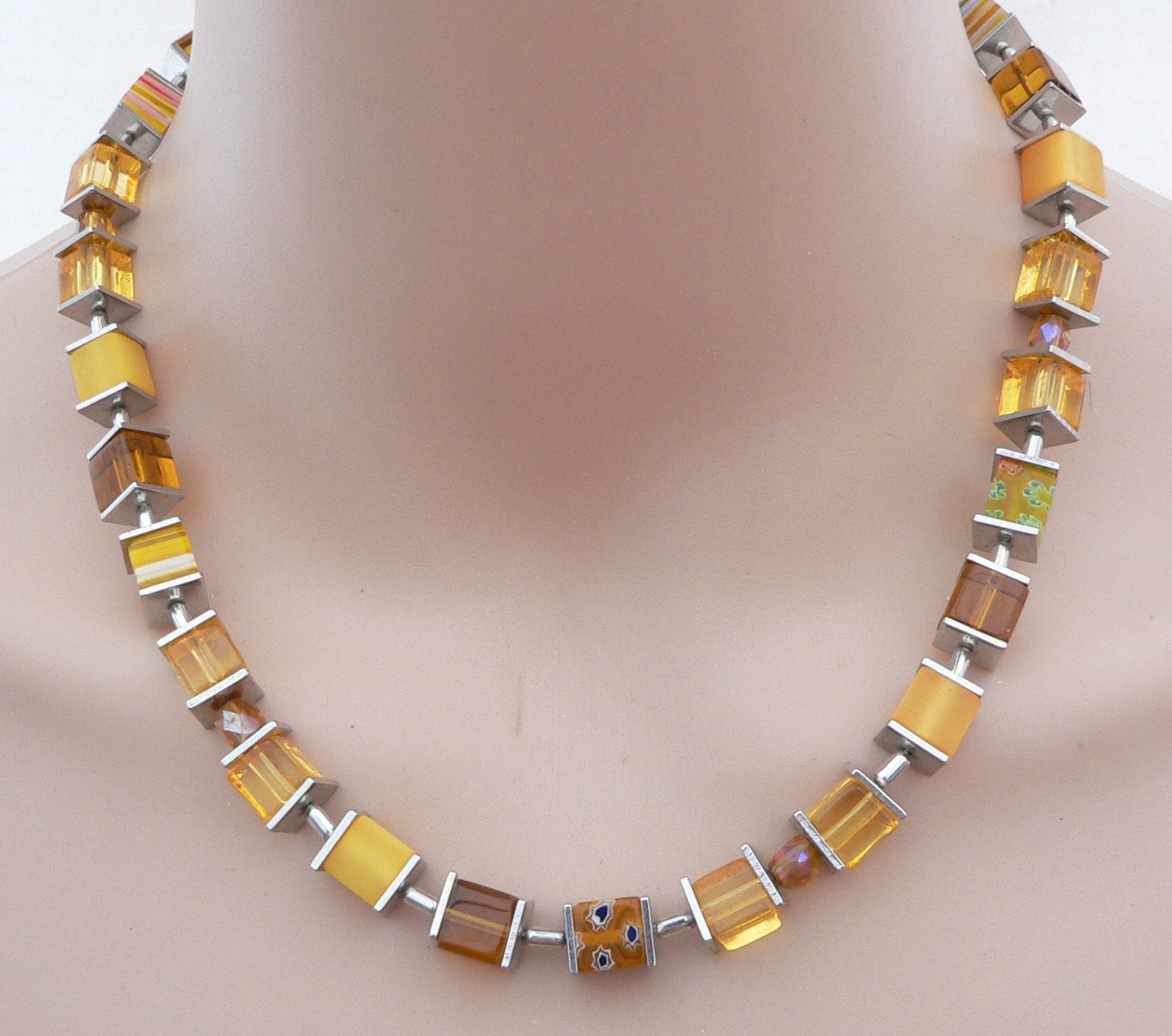 traumschmuck Collier 092t Würfelkette Würfel Glas Millefiori Polaris gelb mais topas (inkl Schmuckbox), handgefertigt, Made in Germany
