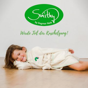 Smithy Kinderbademantel mit der Raupe Nimmersatt aus Bio-Baumwolle, lange Form, Velours-Frottee, Kapuze, Gürtel, Knöpfe, made in Europe