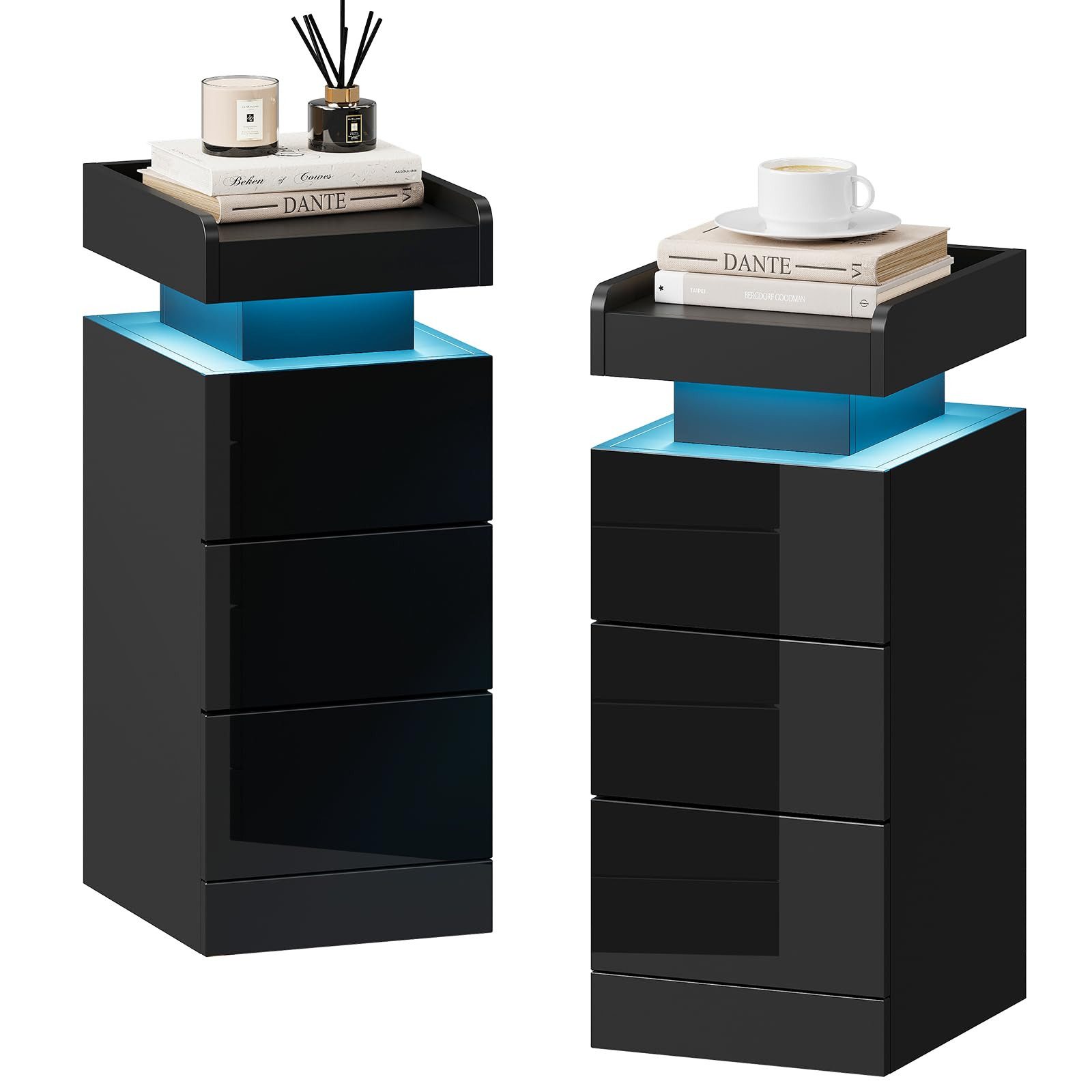 Dripex Nachttisch Nachttisch schmal 3 Schubladen, RGB LED, Beistelltisch Schwarz (2-St), Aus hochwertigen Spanplatten und MDF-Platten gefertigt