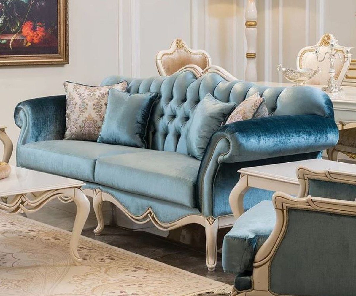 Casa Padrino Sofa Luxus Barock Sofa Blau / Weiß 225 x 87 x H. 101 cm - Wohnzimmer Sofa mit dekorativen Kissen - Wohnzimmer Möbel im Barockstil