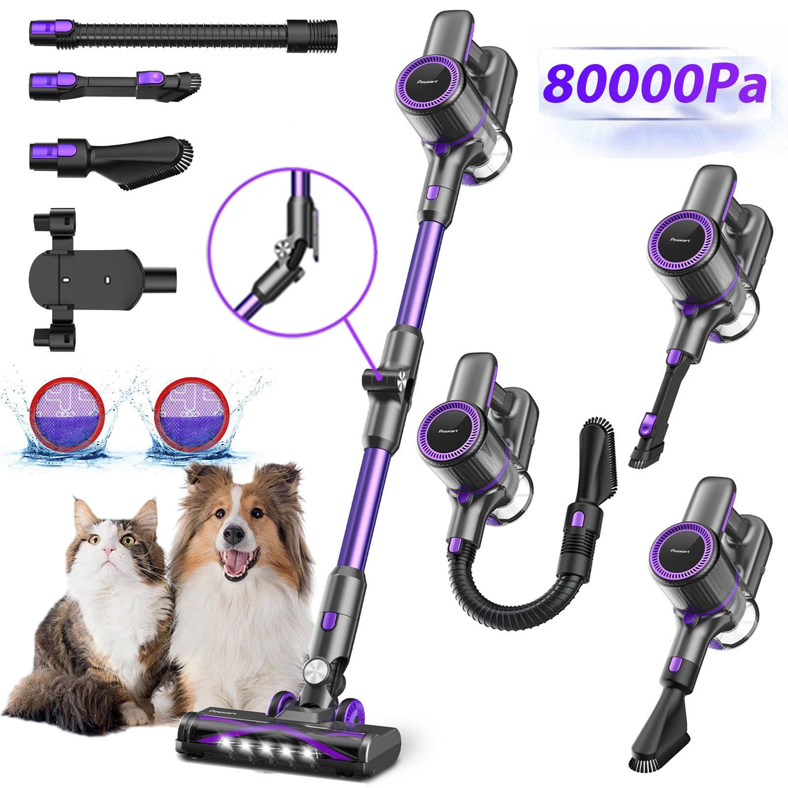 POWEART Akku-Hand-und Stielstaubsauger Akku Staubsauger 80000Pa/60 Min/1,8 L Staubsauger Kabellos, mit Beutel, 50dB leise/6-Stufen-Filter/LED Display, Ideal für Böden/Teppiche/Auto