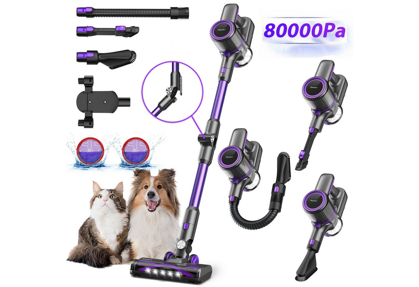 POWEART Akku-Hand-und Stielstaubsauger Akku Staubsauger 80000Pa/60 Min/1,8 L Staubsauger Kabellos, mit Beutel, 50dB leise/6-Stufen-Filter/LED Display, Ideal für Böden/Teppiche/Auto