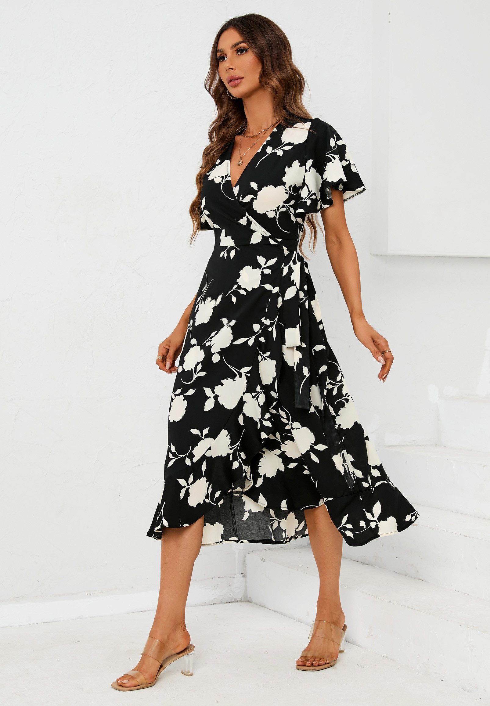 FS Collection Wickelkleid Midikleid Damen mit Engelsärmeln V-Ausschnitt Sommer Blumenkleid (XS (EU:36 / UK:8) · S (EU:38 / UK:10) · M (EU:40 / UK:12) · L (EU:42 / UK:14) · XL (EU:44 / UK:16), 4 Farben : Weiß/Gelb, Grün/Weiß, Schwarz/Weiß und Türkis/Pink) Wickelkleid mit Blumenmuster und Bindegürtel