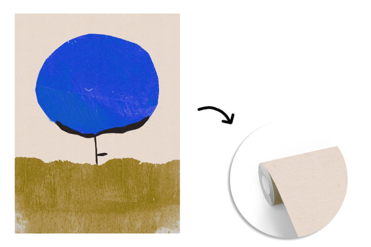 für Blume - - Fototapete MuchoWow Vinyl Blau Matt, Tapete Grün, Wandtapete bedruckt, (4 St), Wohnzimmer, - Abstrakt Montagefertig