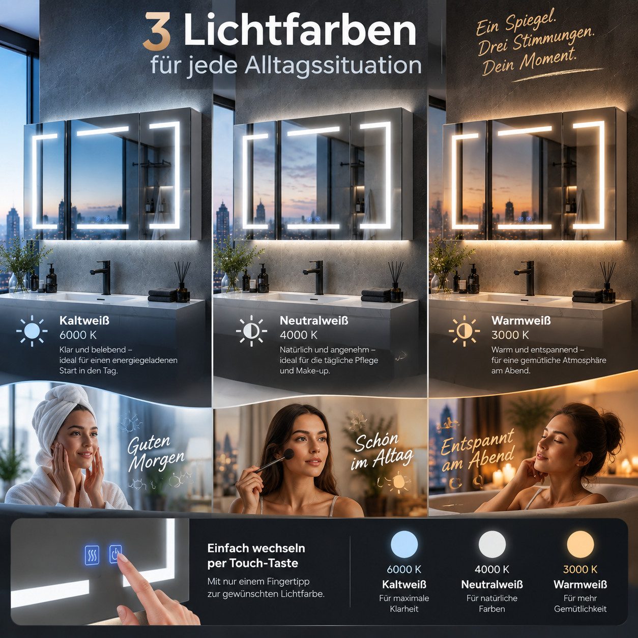 Simurq Badezimmerspiegelschrank 100 cm LED-Spiegelschrank mit 3 Türen, Anti-Beschlag Tuchentnahme im unteren rechten Bereich – Bild 3 von 5