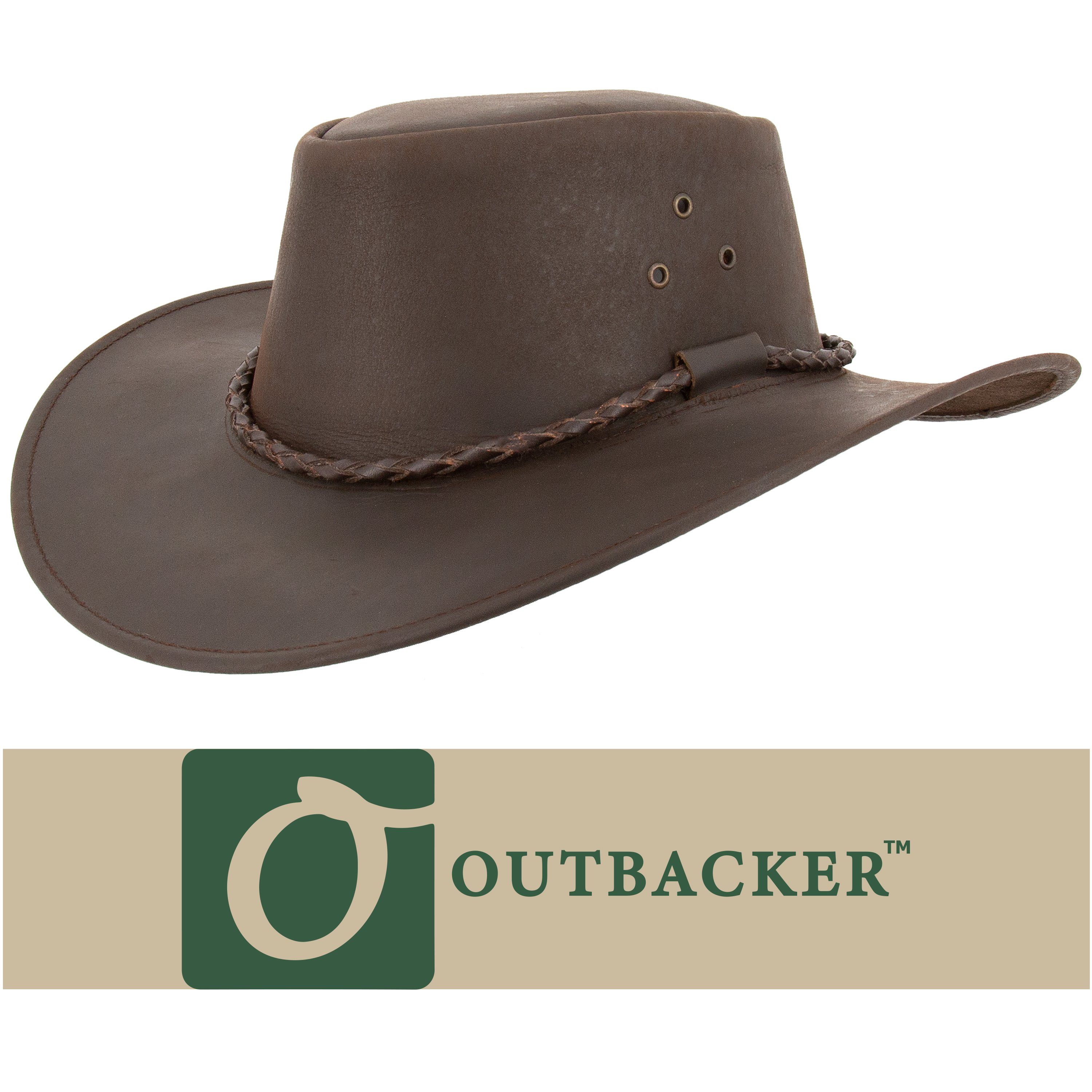 Outbacker Cowboyhut Outdoor Lederhut allwettertauglich Braun mit Style Kinnband Australien