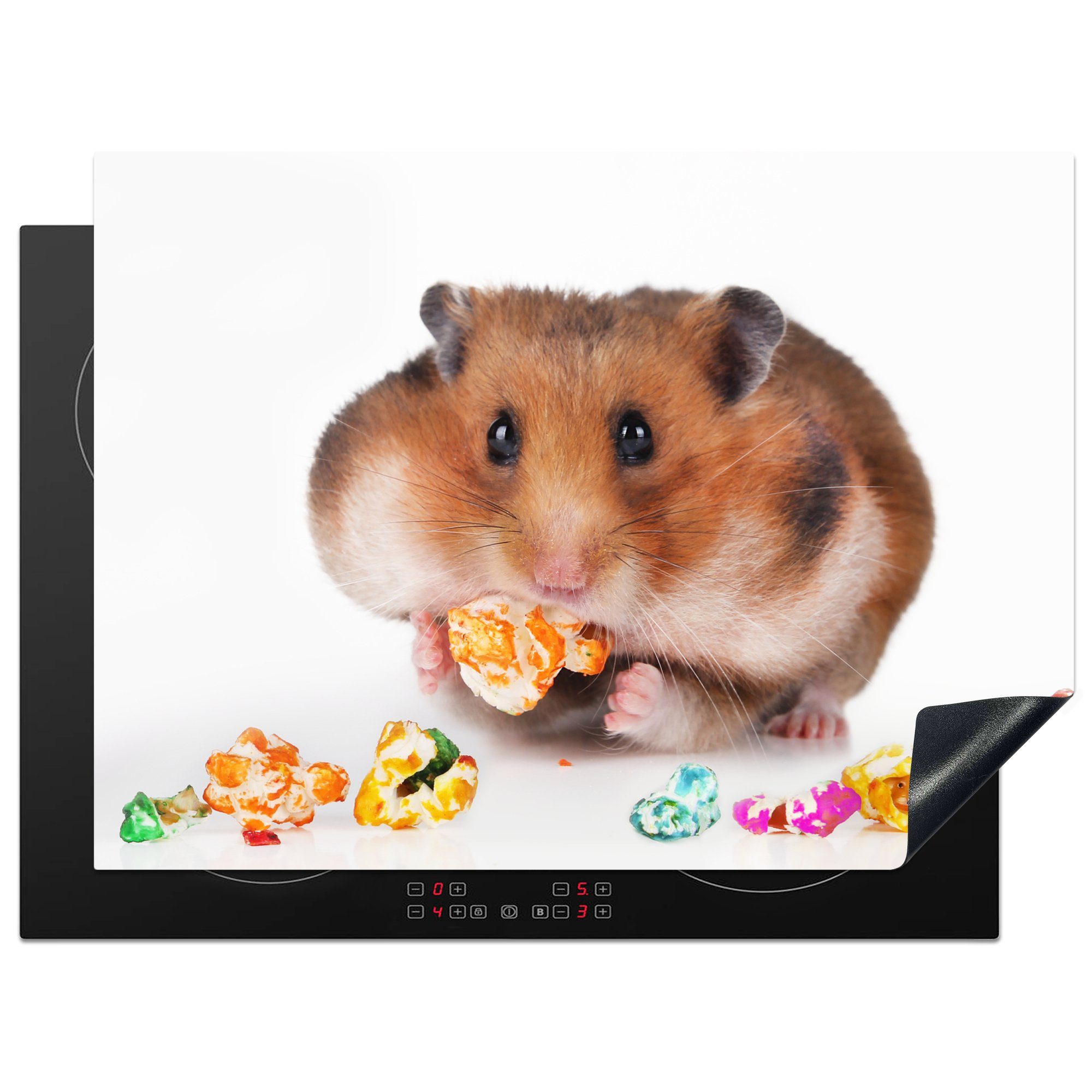 MuchoWow Herdblende-/Abdeckplatte Hamster frisst buntes Futter, Vinyl, (1 tlg), 70x52 cm, Mobile Arbeitsfläche nutzbar, Ceranfeldabdeckung
