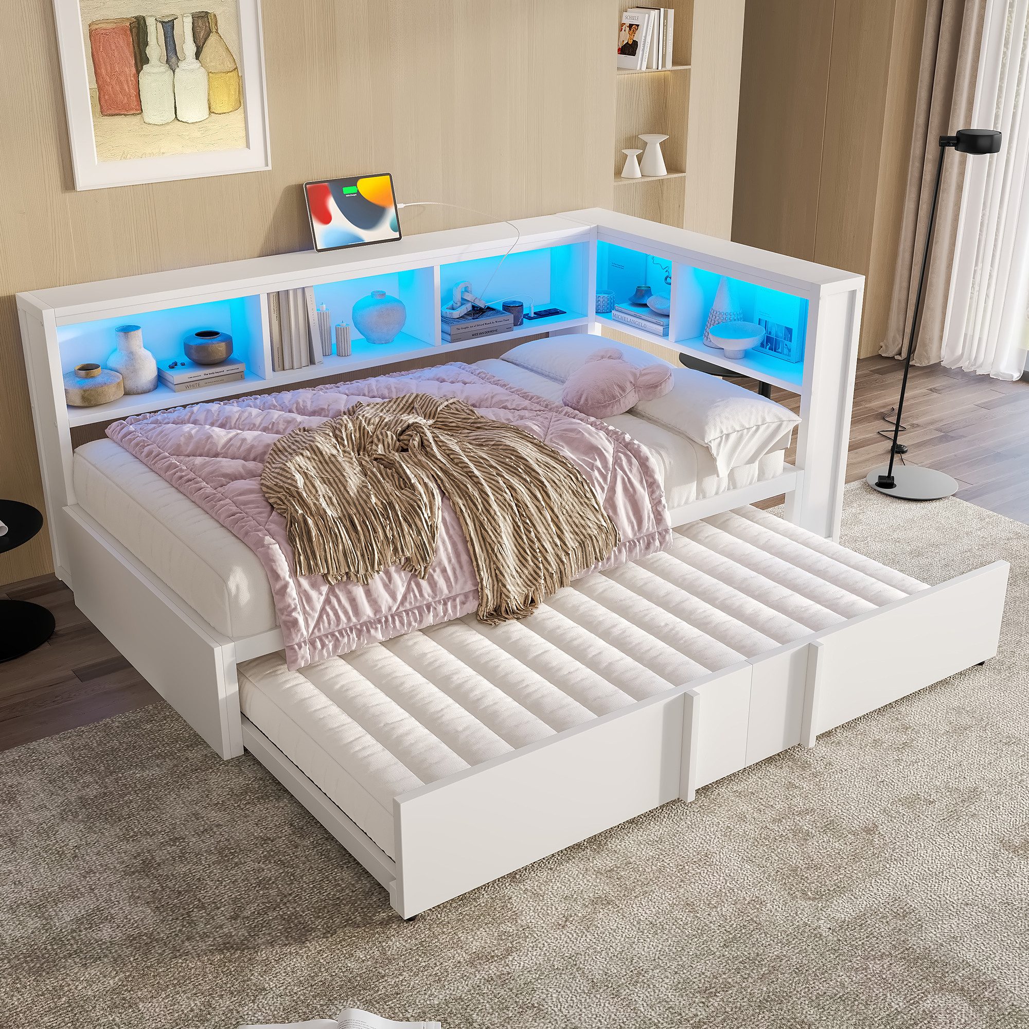 Flieks Daybett, Metall-Tagesbett 90x200cm mit Ausziehbett 90x190cm, LED und Aufladen