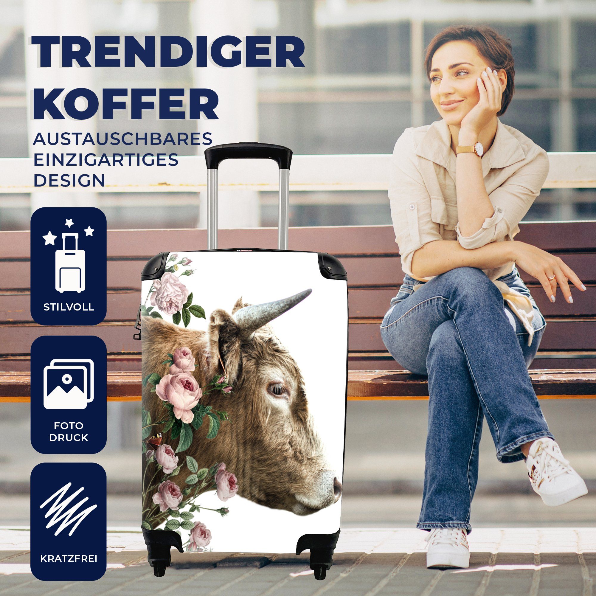 - MuchoWow Blumen, Rollen, Handgepäckkoffer rollen, - Kuh Ferien, für Reisetasche Highlander Reisekoffer mit 4 Schottischer Handgepäck Trolley,