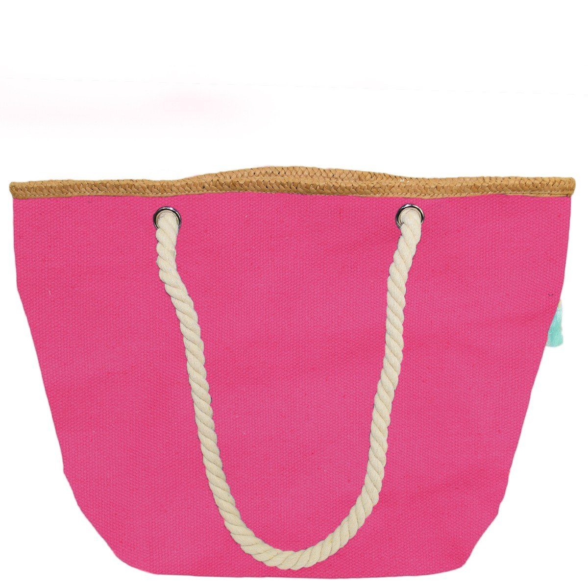 Sonia Originelli Strandtasche neon Boho kleine Reißverschluss Bastverzierung mit Quasten pink Bommel Shopper Innentasche Strandtasche