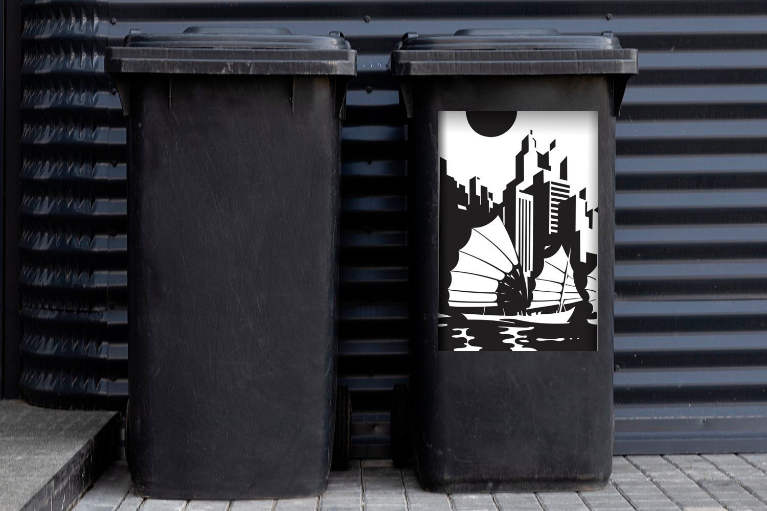 Abfalbehälter schwarz-weiße mit St), Mülltonne, Illustration Boot Sticker, Wandsticker Mülleimer-aufkleber, von Eine Hongkong MuchoWow einem (1 Container,
