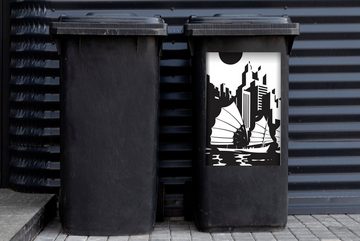 MuchoWow Wandsticker Eine schwarz-weiße Illustration von Hongkong mit einem Boot (1 St), Mülleimer-aufkleber, Mülltonne, Sticker, Container, Abfalbehälter