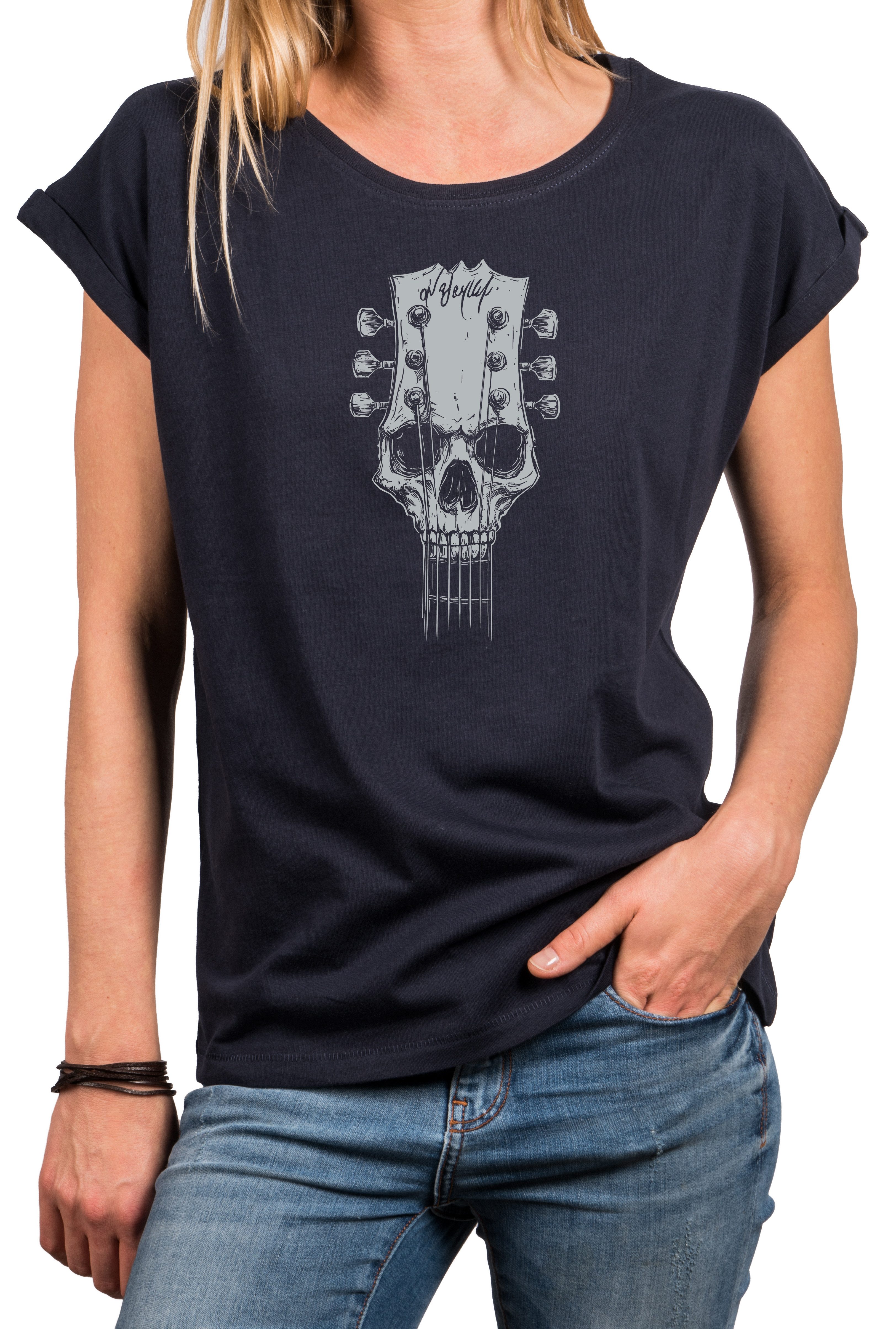 T-Shirt Damen Oberteil mit Gitarrenmotiv, Hard Rock & Festival Style
