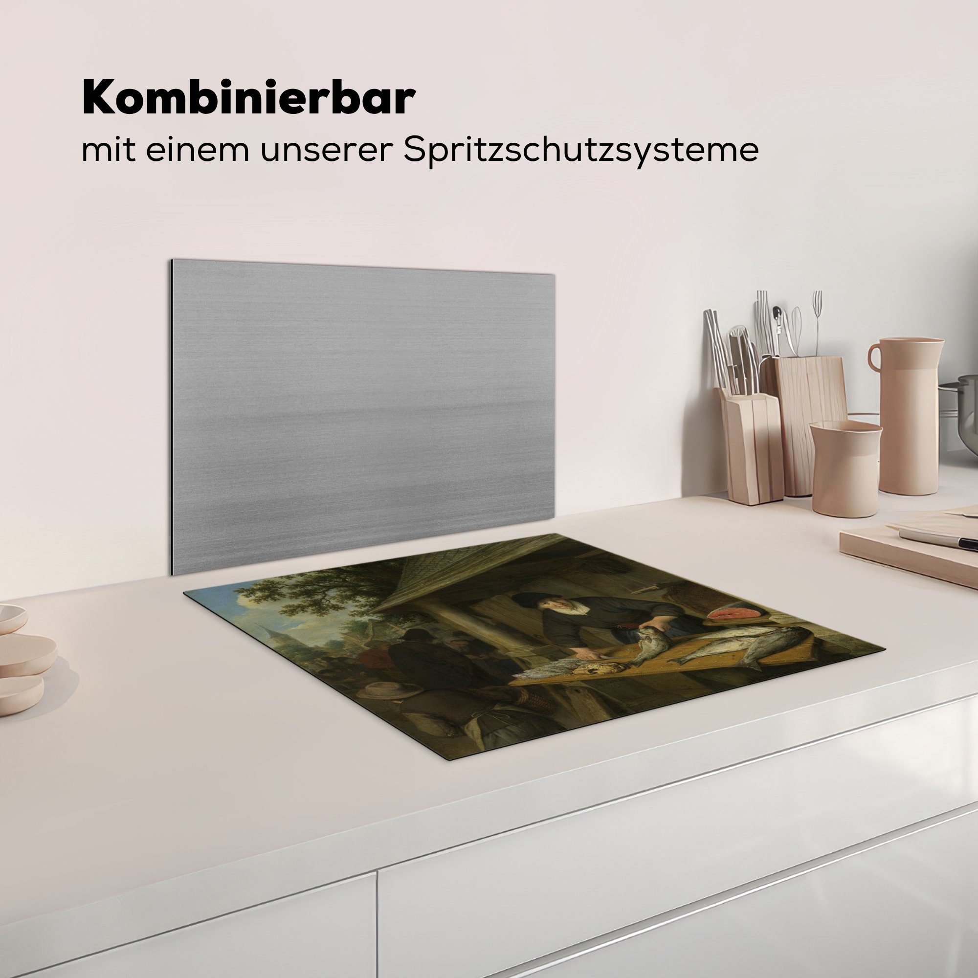 - nutzbar, Mobile (1 Ostade, Ceranfeldabdeckung Adriaen Fischfrau van Die Herdblende-/Abdeckplatte 60x52 von cm, Arbeitsfläche MuchoWow tlg), Gemälde Vinyl,