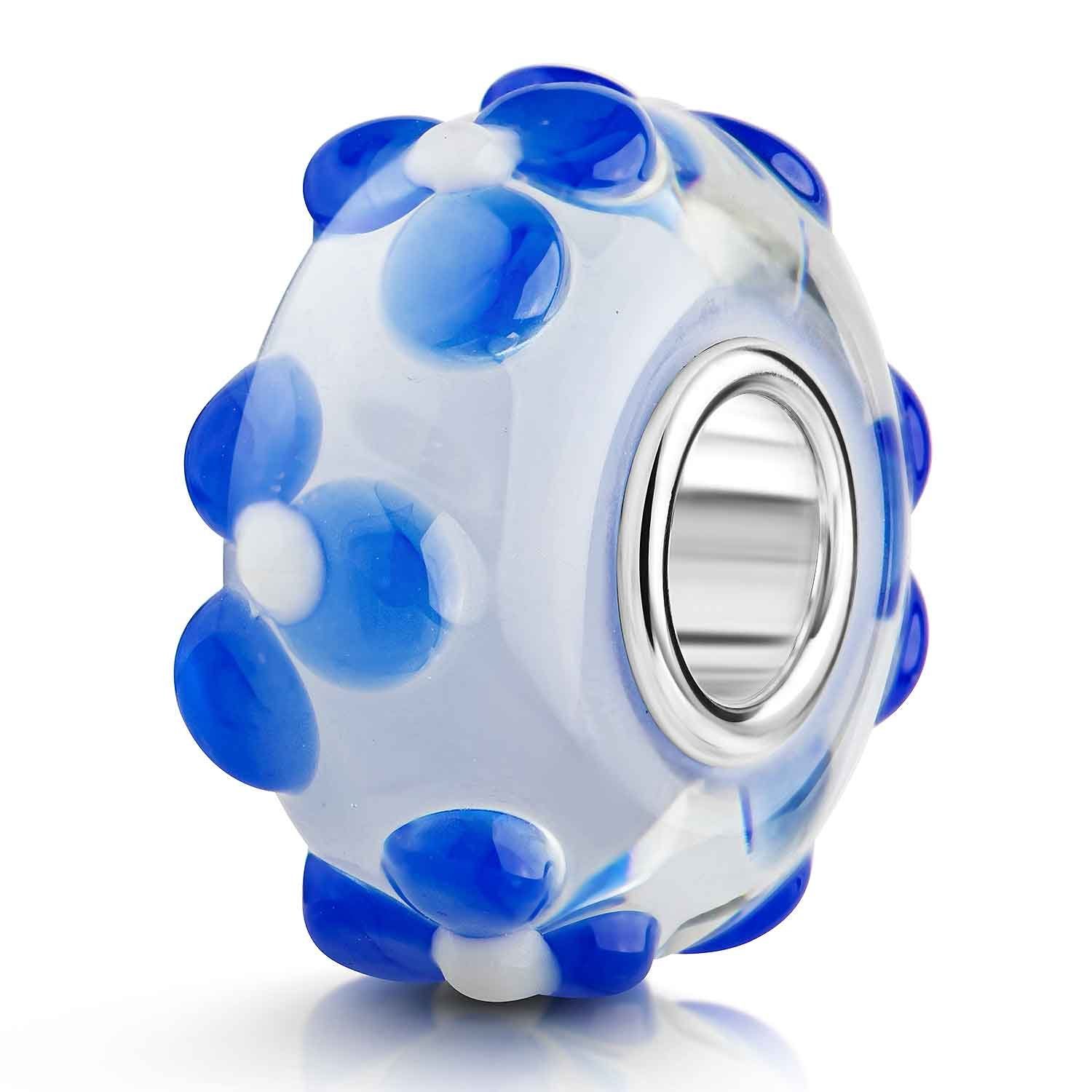 Silber Blumen Bead 548, Blau Blüten 925 Element Glas Sterling Materia aus Weiß Hülse 3D