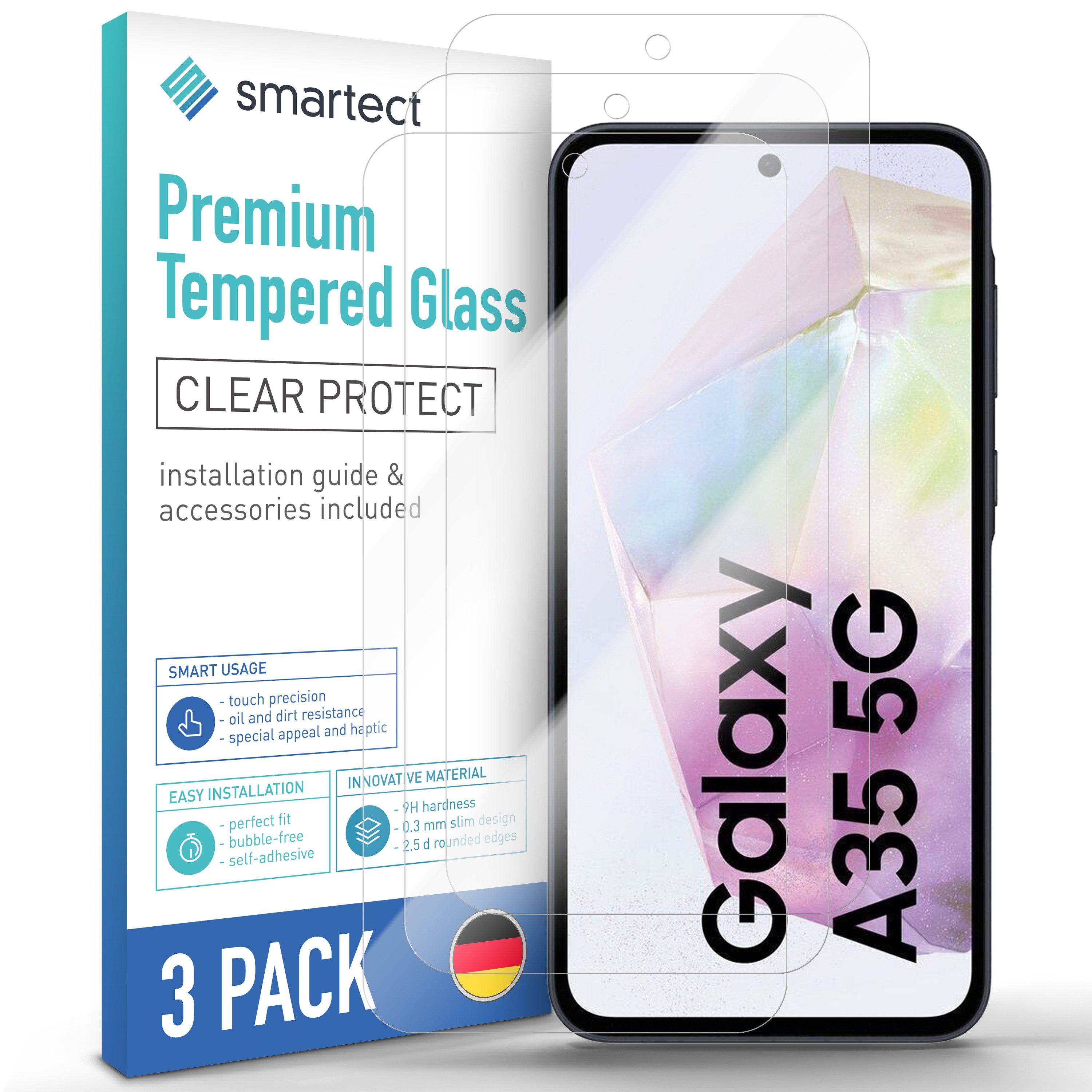 smartect Displayschutzglas 3X Schutzglas Panzerfolie Klar für Samsung Galaxy A35 5G für Samsung Galaxy A35 5G, Set, 3 Stück, 0.3 mm Ultra-klar, 9H Härte, Kratzfest, Stoßfest, Blasenfrei, Oleophob
