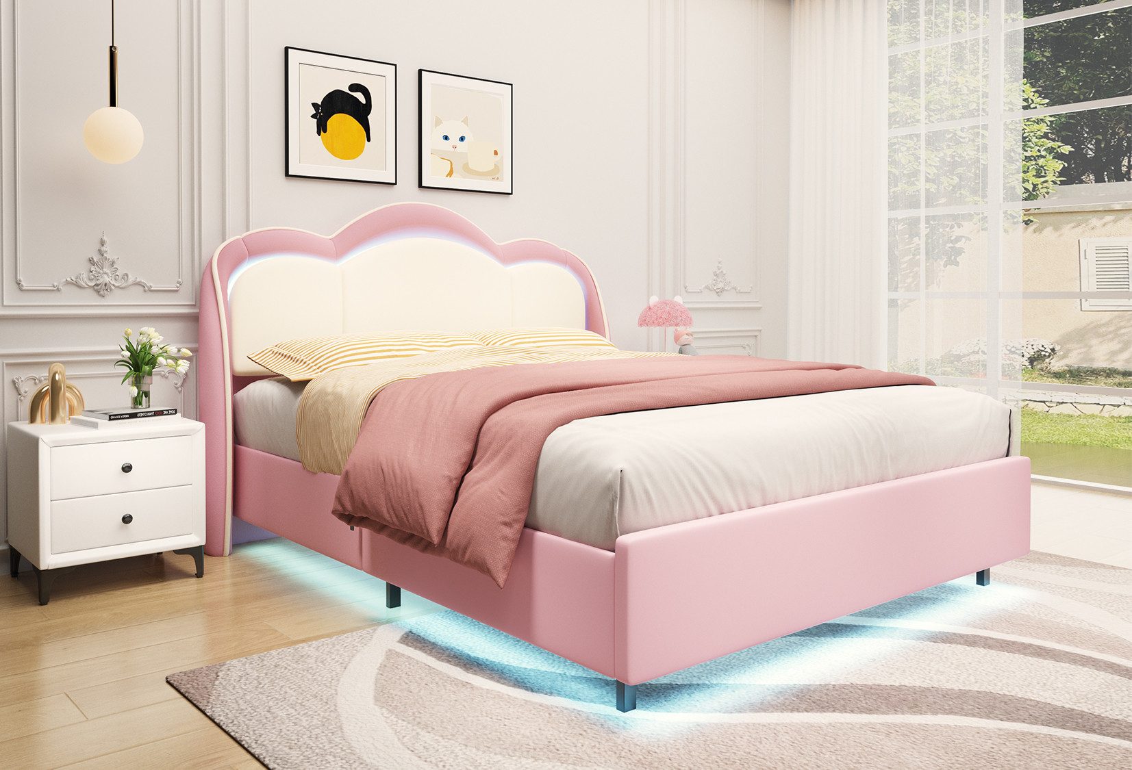 HOMAVO Polsterbett Kinderbett,Einzelbett mit LED-Beleuchtung (Polsterbett aus Samt mit Wolken-Design, inklusive LED-Beleuchtung), 90*200cm