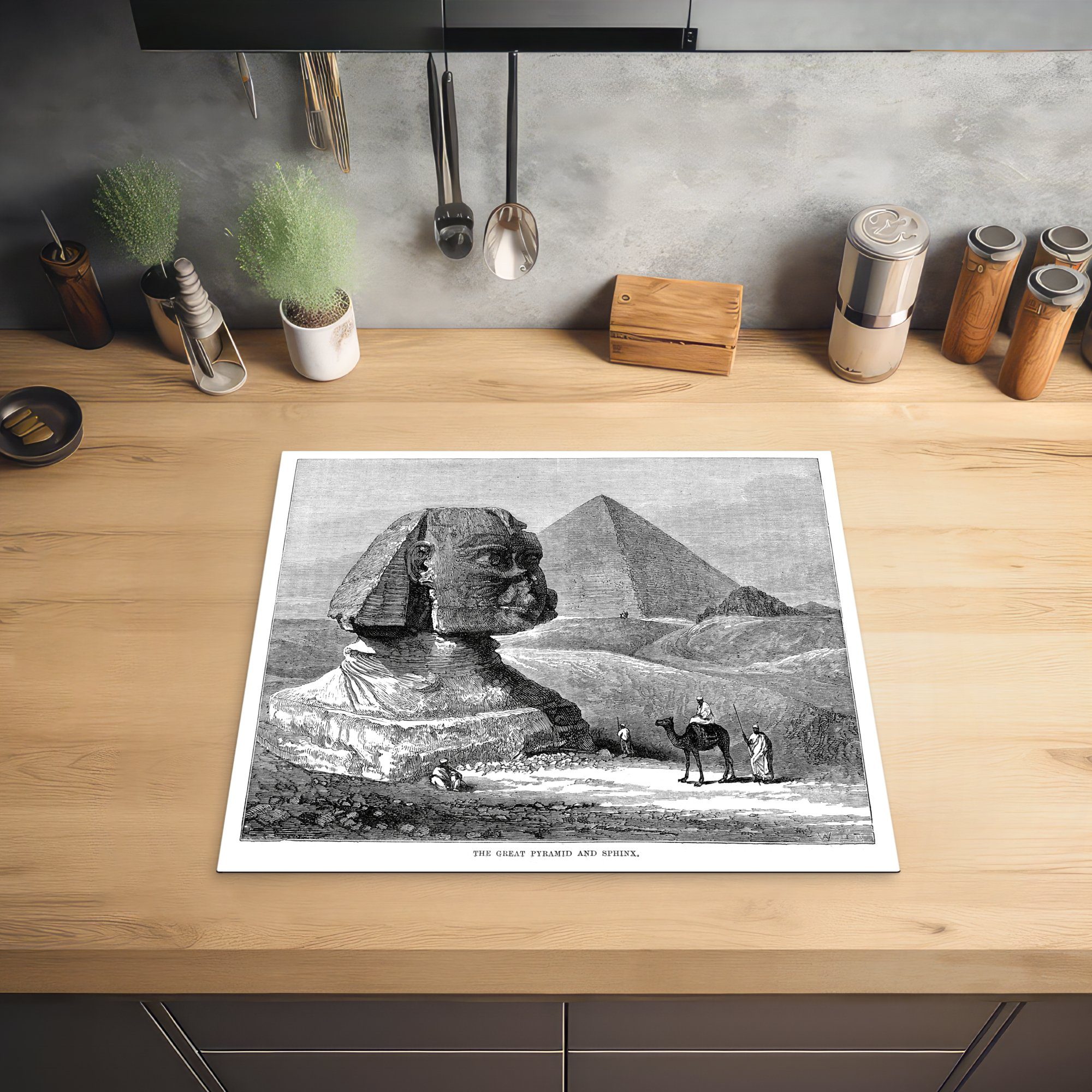 (1 in, cm, der Schwarz-Weiß-Abbildung Arbeitsfläche Sphinx und Herdblende-/Abdeckplatte der nutzbar, MuchoWow Vinyl, 60x52 von Ceranfeldabdeckung tlg), Mobile Pyramide Gizeh
