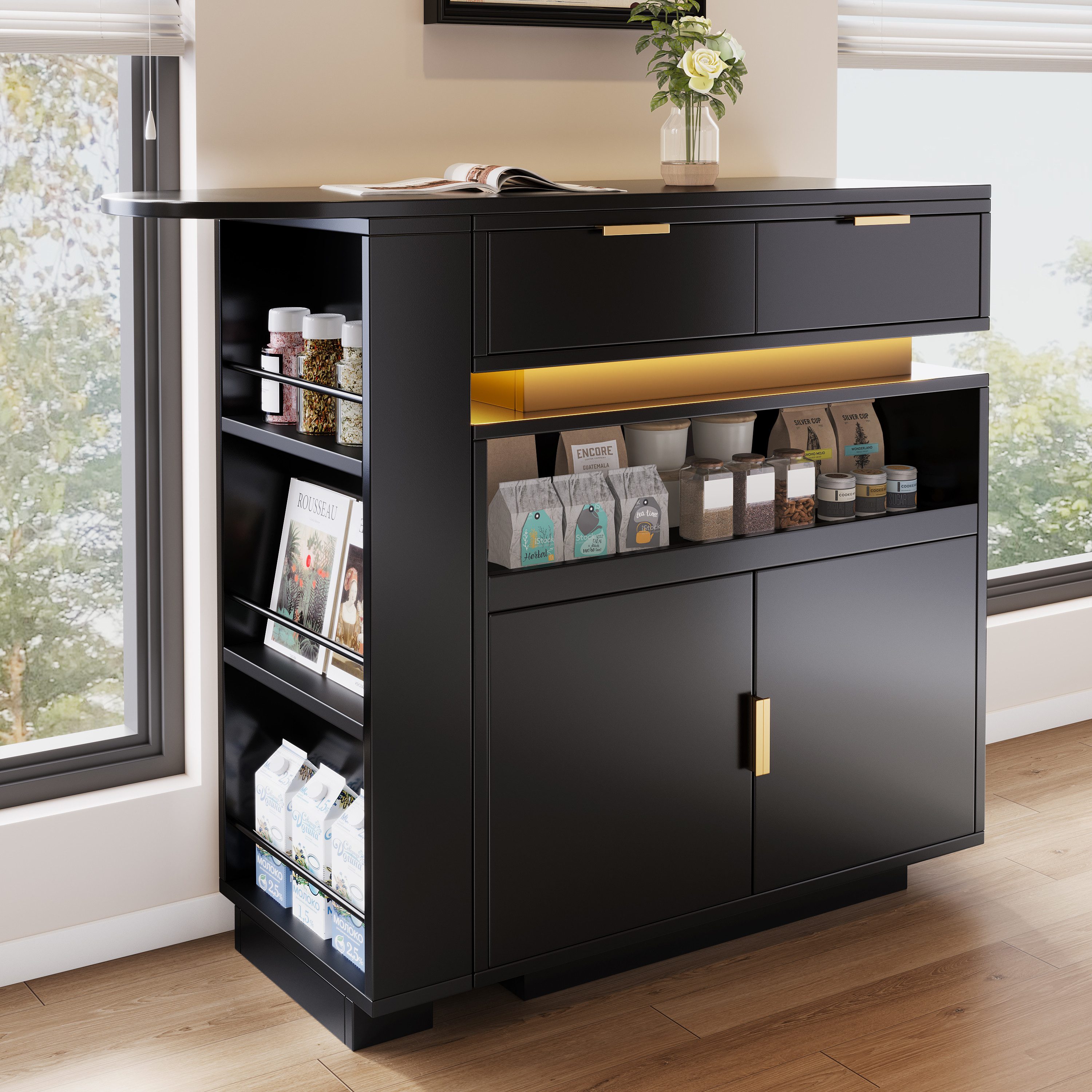 Merax Bartisch 360° drehbar Stehtisch mit LED-Beleuchtung (mobile Kaffeebar, geeignet für Küche/Esszimmer/Wohnzimmer, 1-St., 115–183 × 40 × 99,5 cm), ausziehbar Kücheninsel mit 2 Schubladen, 2 Türen, Regalen und Stauraum