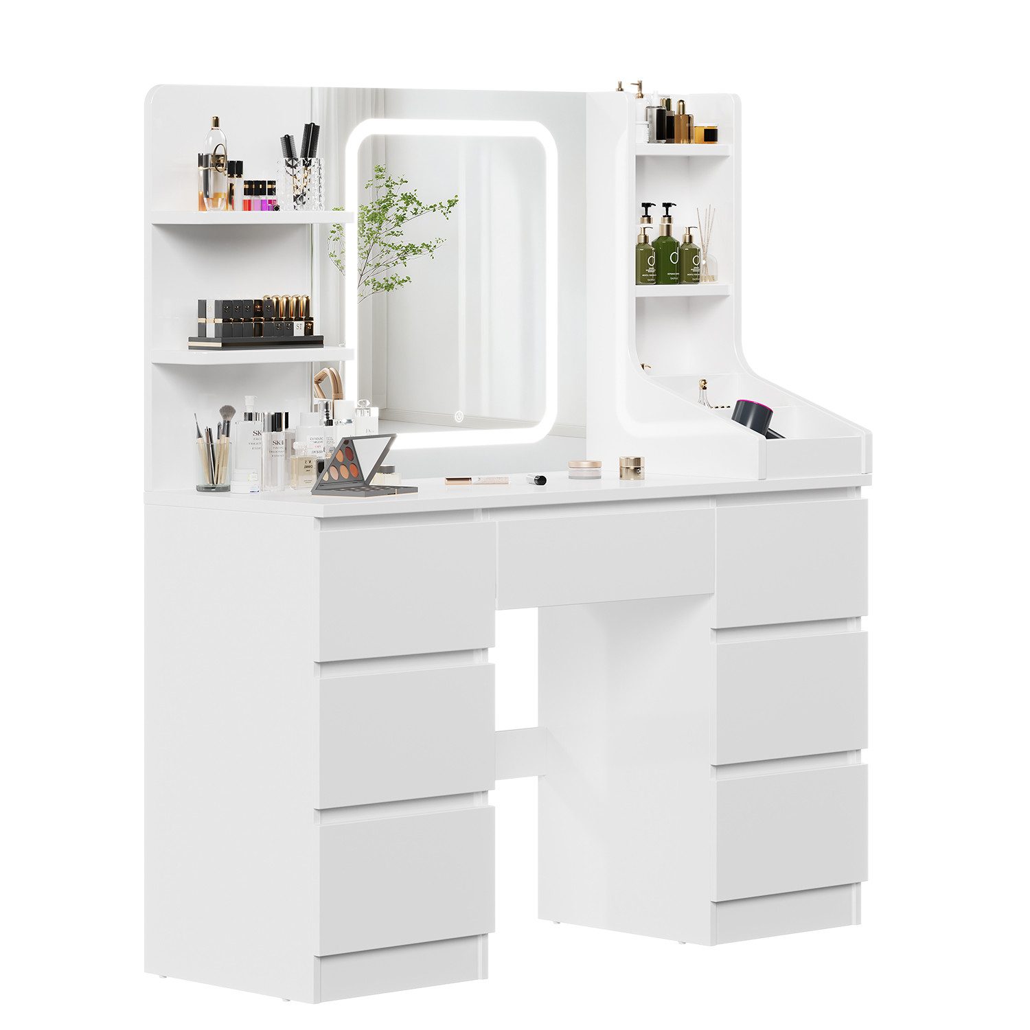 Furnicopia Schminktisch Einstellbare Helligkeit mit 7 Schubladen und 8 offenen Ablagefächern (Größe: 110 x 40 x 139 cm, Integrierte LED-Leiste mit einstellbaren drei Farbtemperaturen, Optional erhältlich mit Hocker mit Stauraum-ostern geschenke)