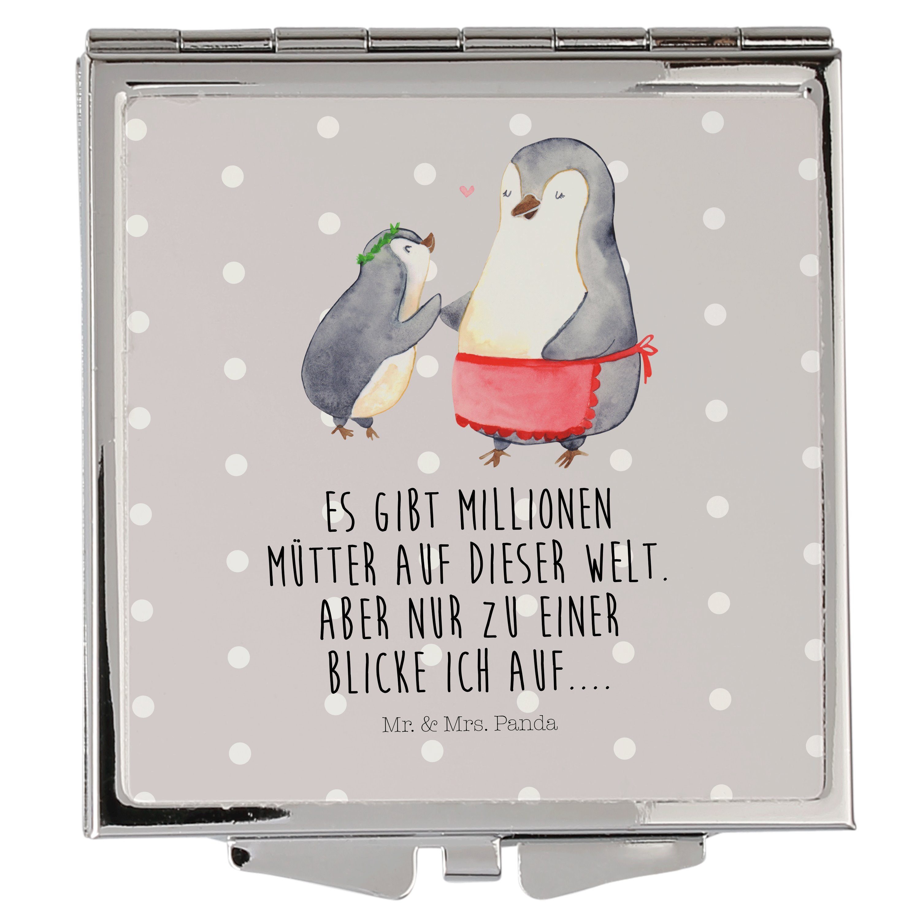 Mr. & Mrs. Panda Kosmetikspiegel Pinguin mit Kind - Grau Pastell - Geschenk, Familie, silber, Handtasc (1-St)