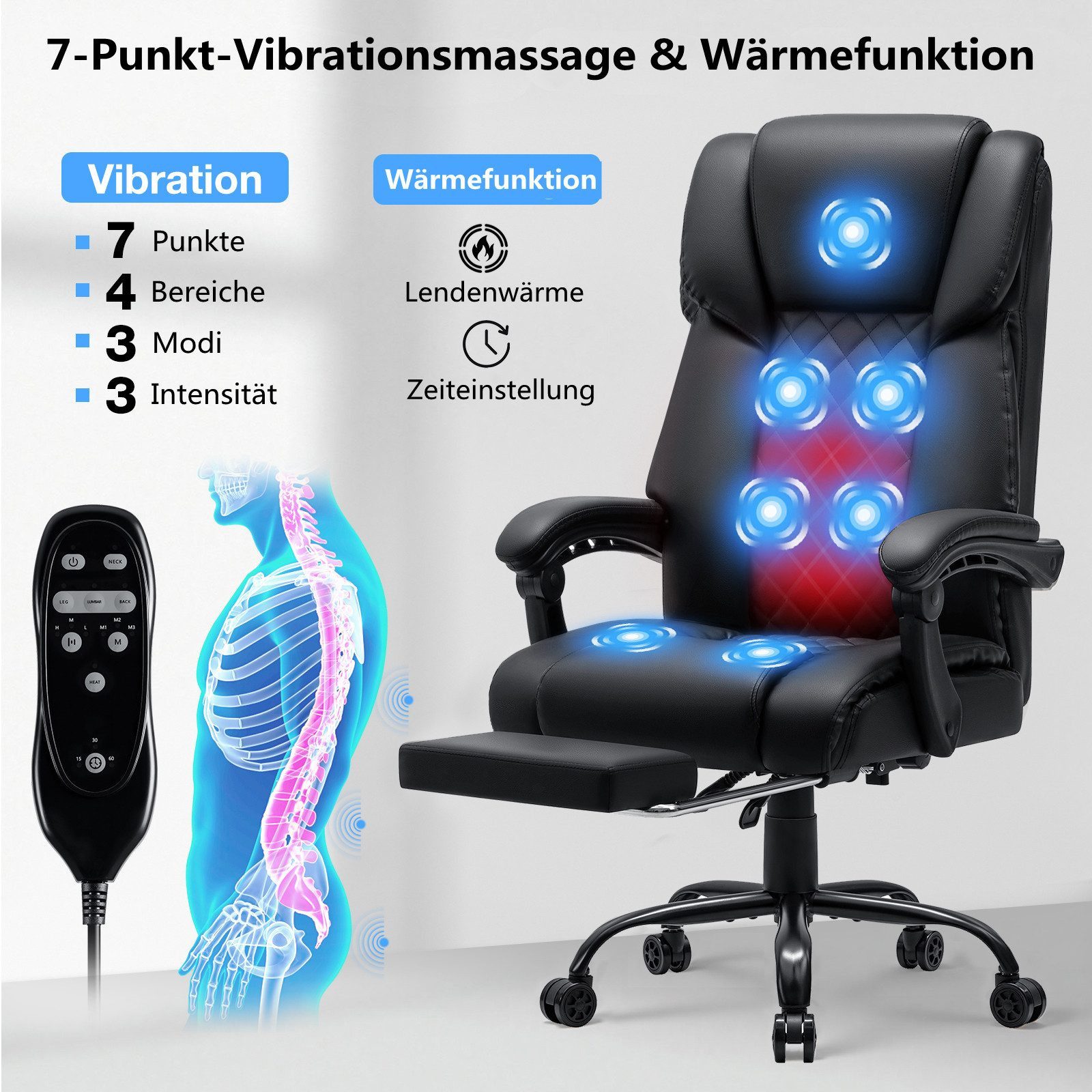 Insma Gaming-Stuhl (Ergonomisch Massage-Bürostuhl), mit Heizfunktion, verstellbarer Kopf & Fußstütze bis 180kg